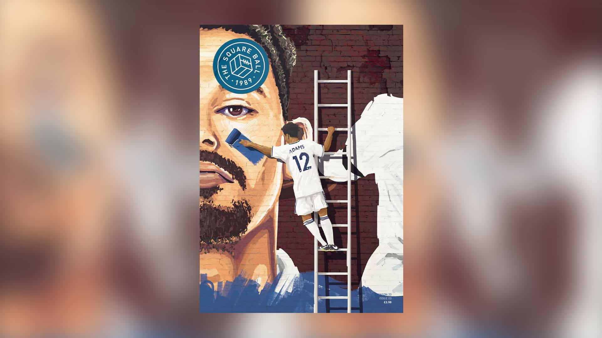 The cover of TSB magazine 22/23 issue 03, a drawing by Lee Shackleton of Tyler Adams up a ladder painting over the mural of his predecessor in midfield, Kalvin Phillips