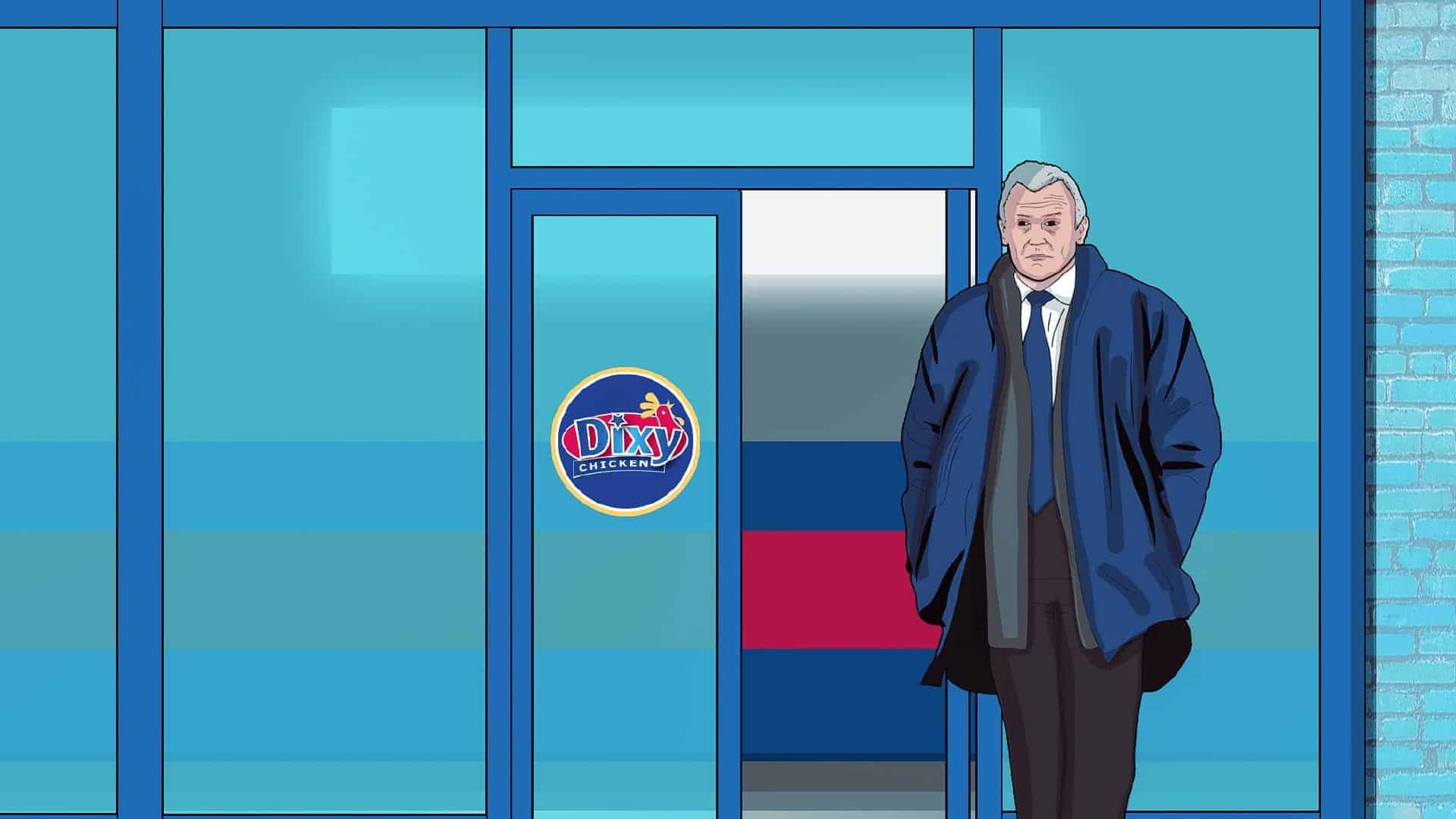 A cartoon illustration of Eddie Gray standing outside Dixy Chicken in Leeds