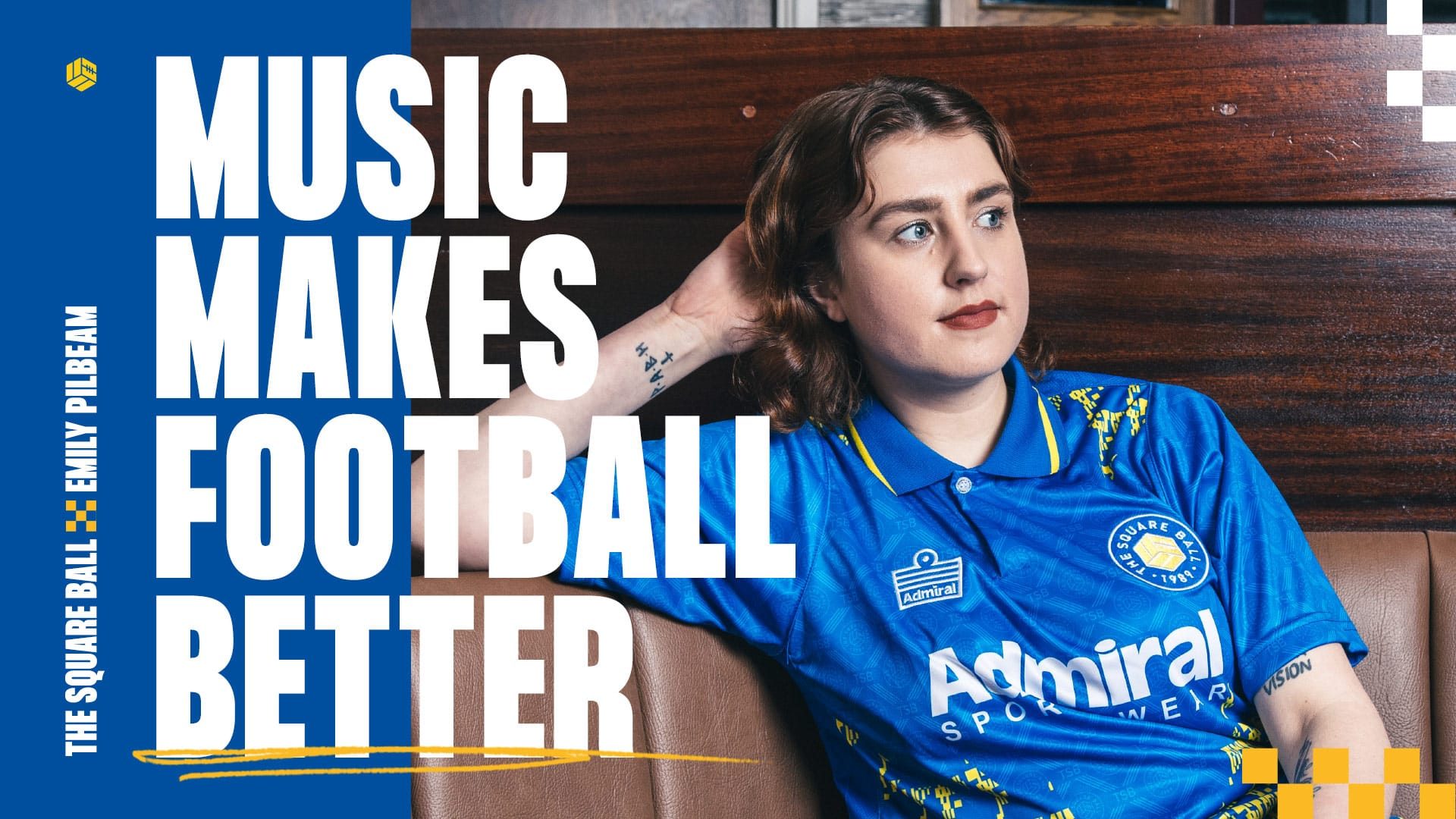 MUSIC MAKES FOOTBALL BETTER is the text, next to a photo of DJ Emily Pilbeam wearing a blue TSB Admiral shirt