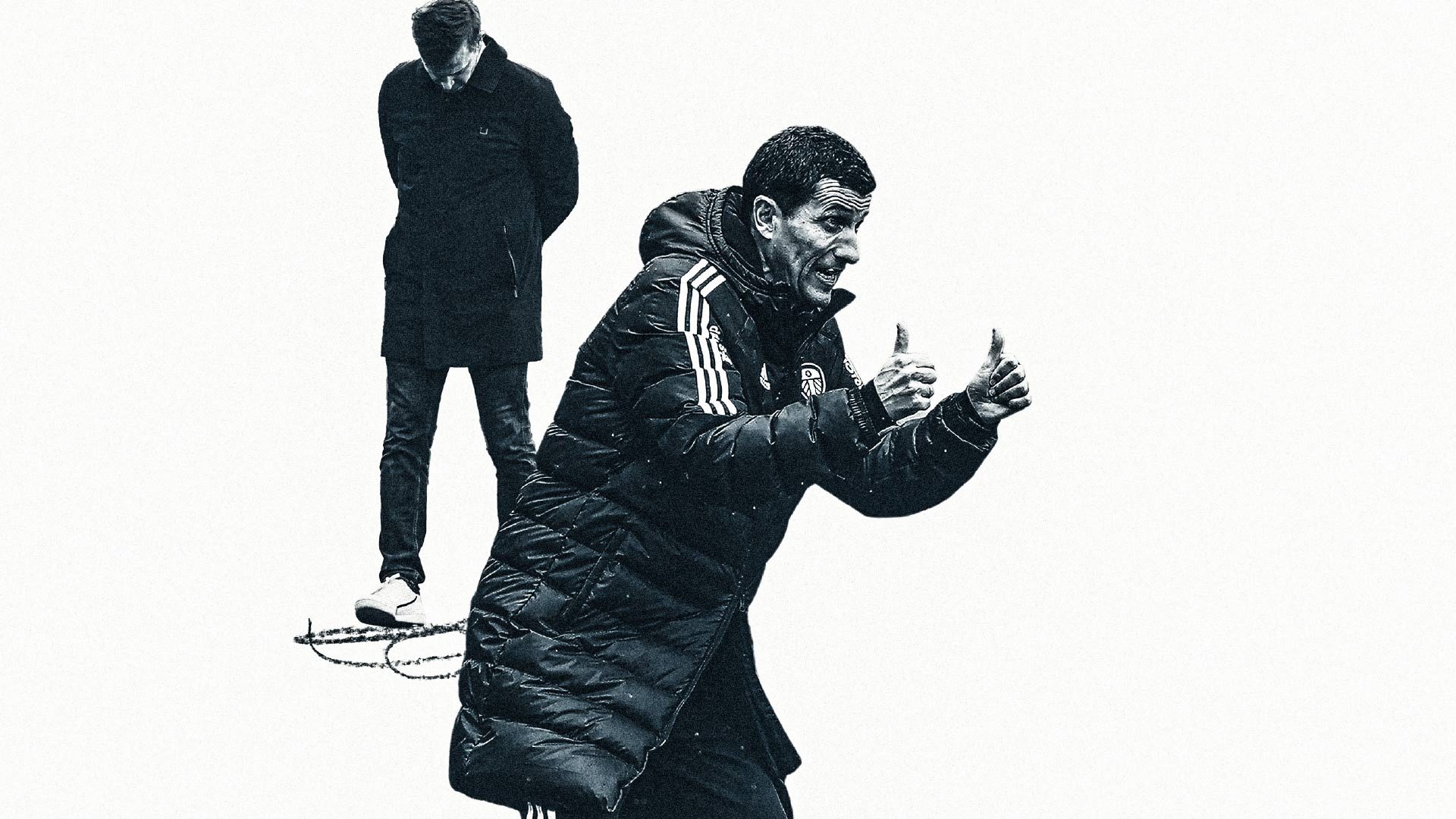 A collage showing Jesse Marsch looking morose in the background, and Javi Gracia giving two thumbs up in the front