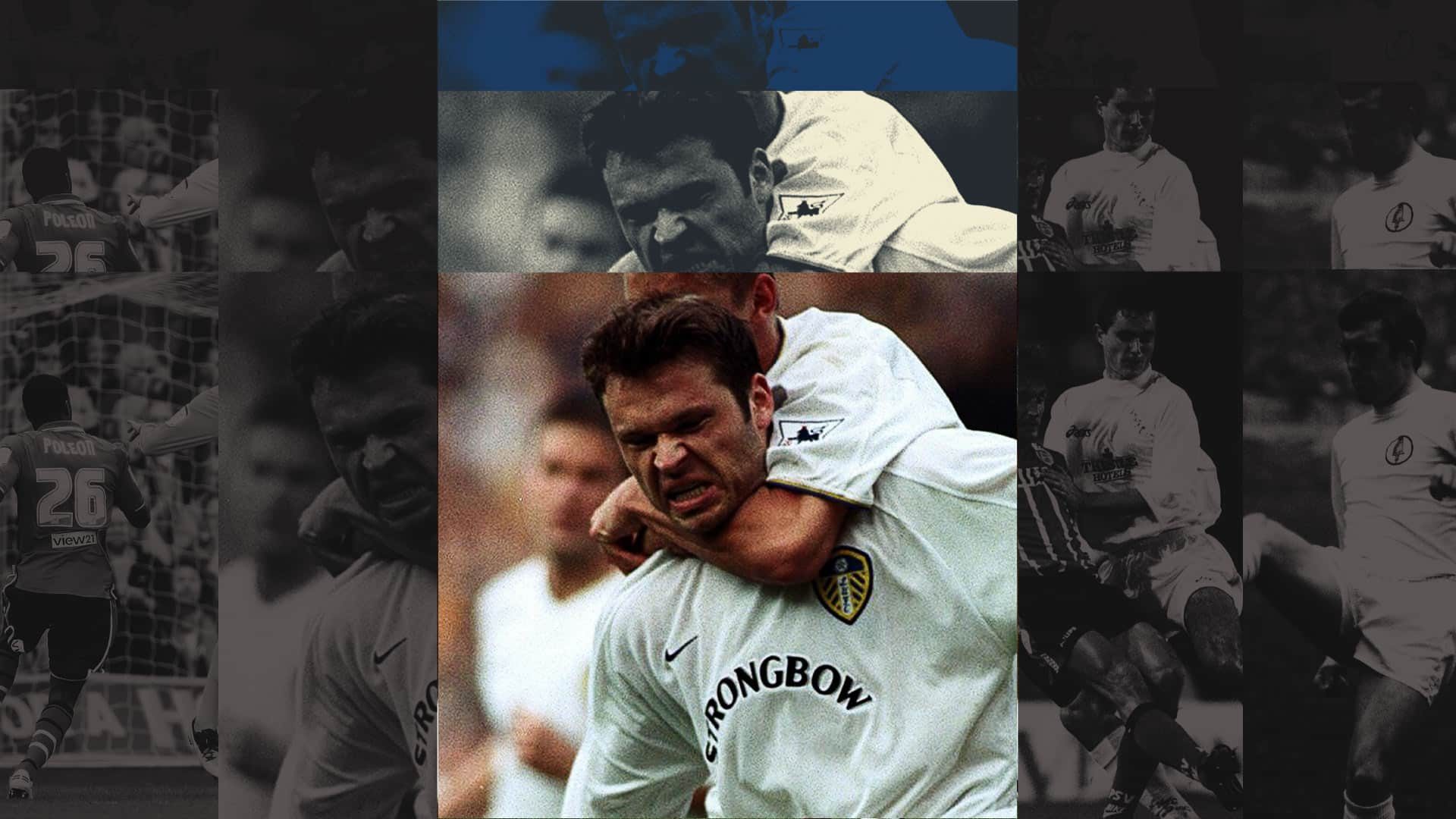 Mark Viduka playing for Leeds in 2000/01. Someone is celebrating a goal with him in a headlock