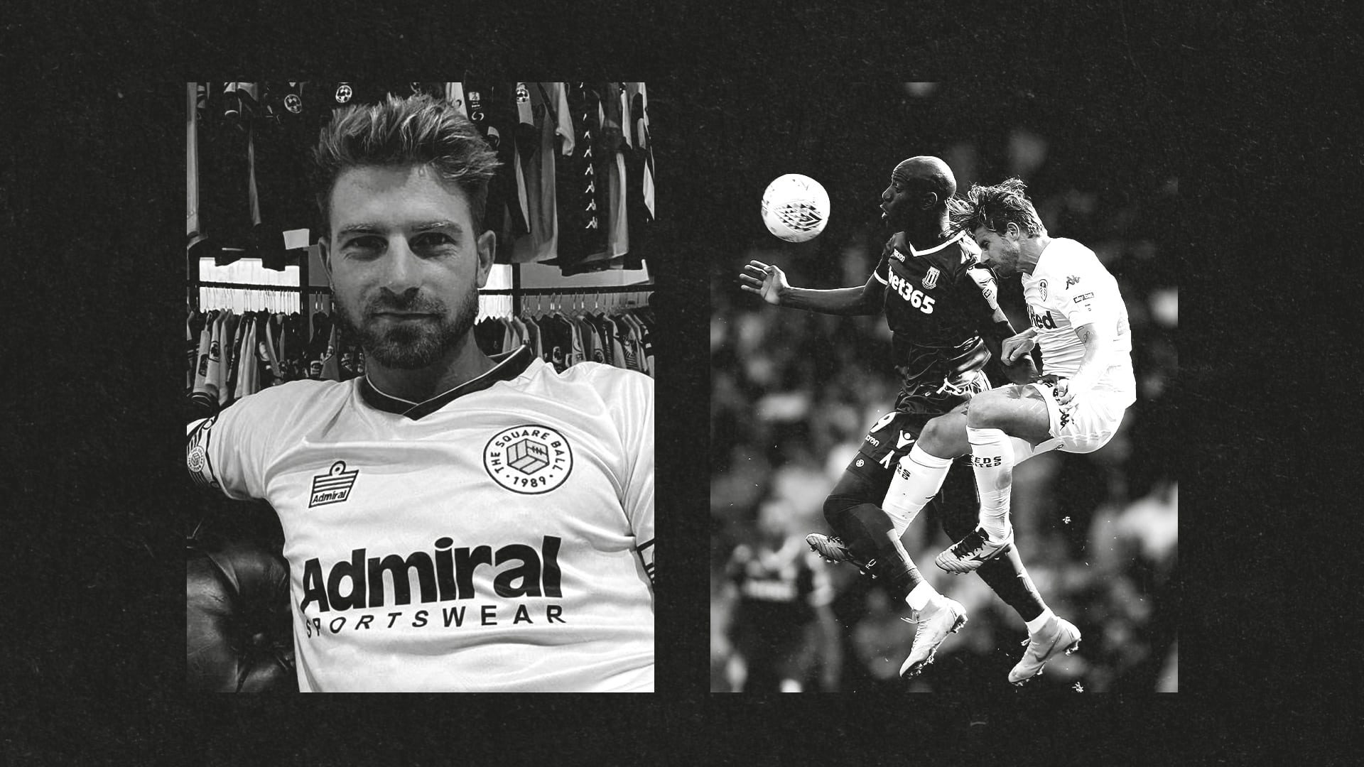 Two black and white photos of Gaetano Berardi, one of him sitting comfortably in a TSB x Admiral shirt, one of him winning a header because that's what he did