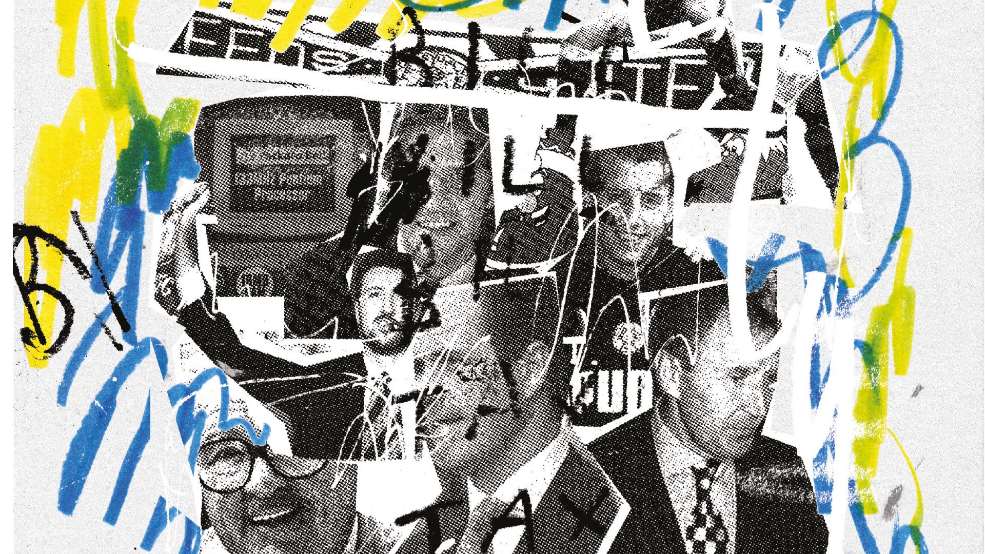 A collage by Joe Gamble showing characters involved in the chaotic summer of 1996