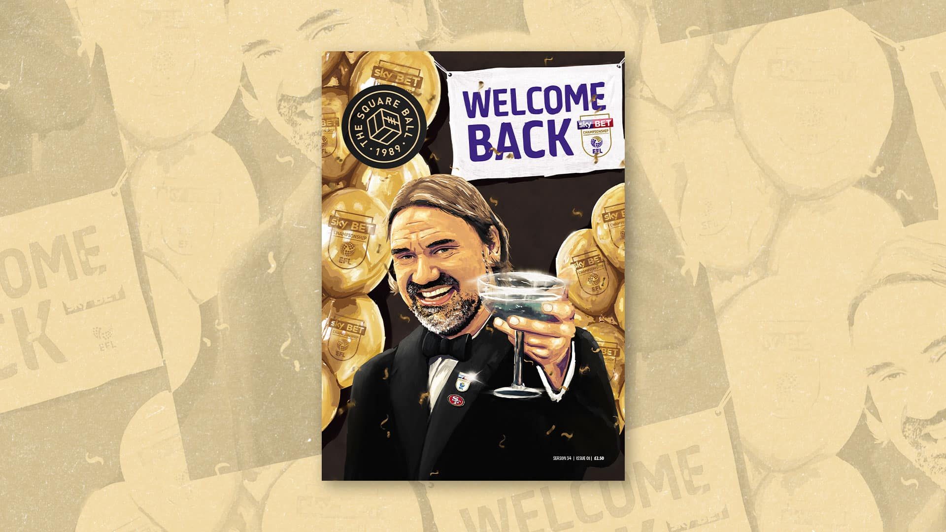 The front cover of TSB 23-24 issue 01, with artwork by Lee Shackleton showing Daniel Farke raising a champagne glass to the viewer, with a banner reading 'Welcome back' and balloons featuring the Championship logo