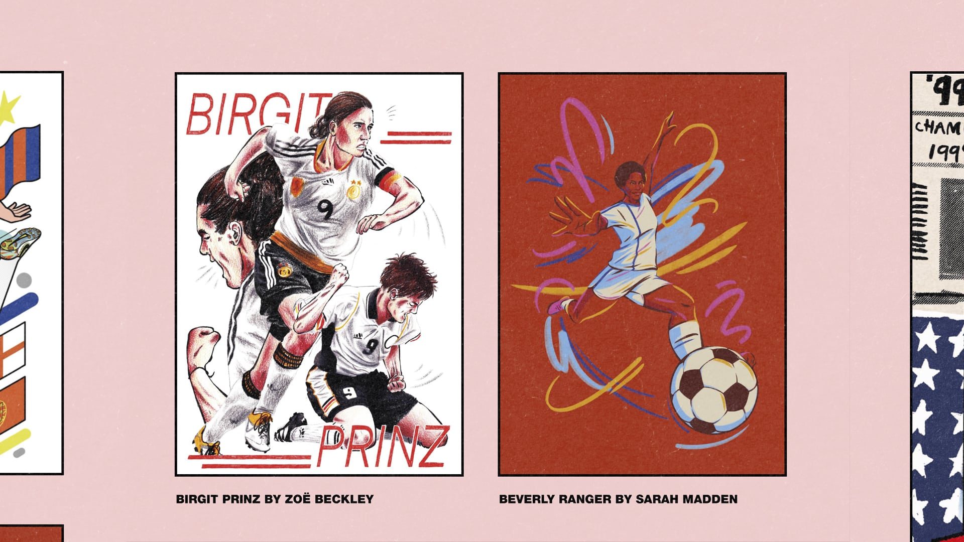 Illustrations from the Forward Play exhibition featuring Birgit Prinz by Zöe Beckley and Beverly Ranger by Sarah Madden
