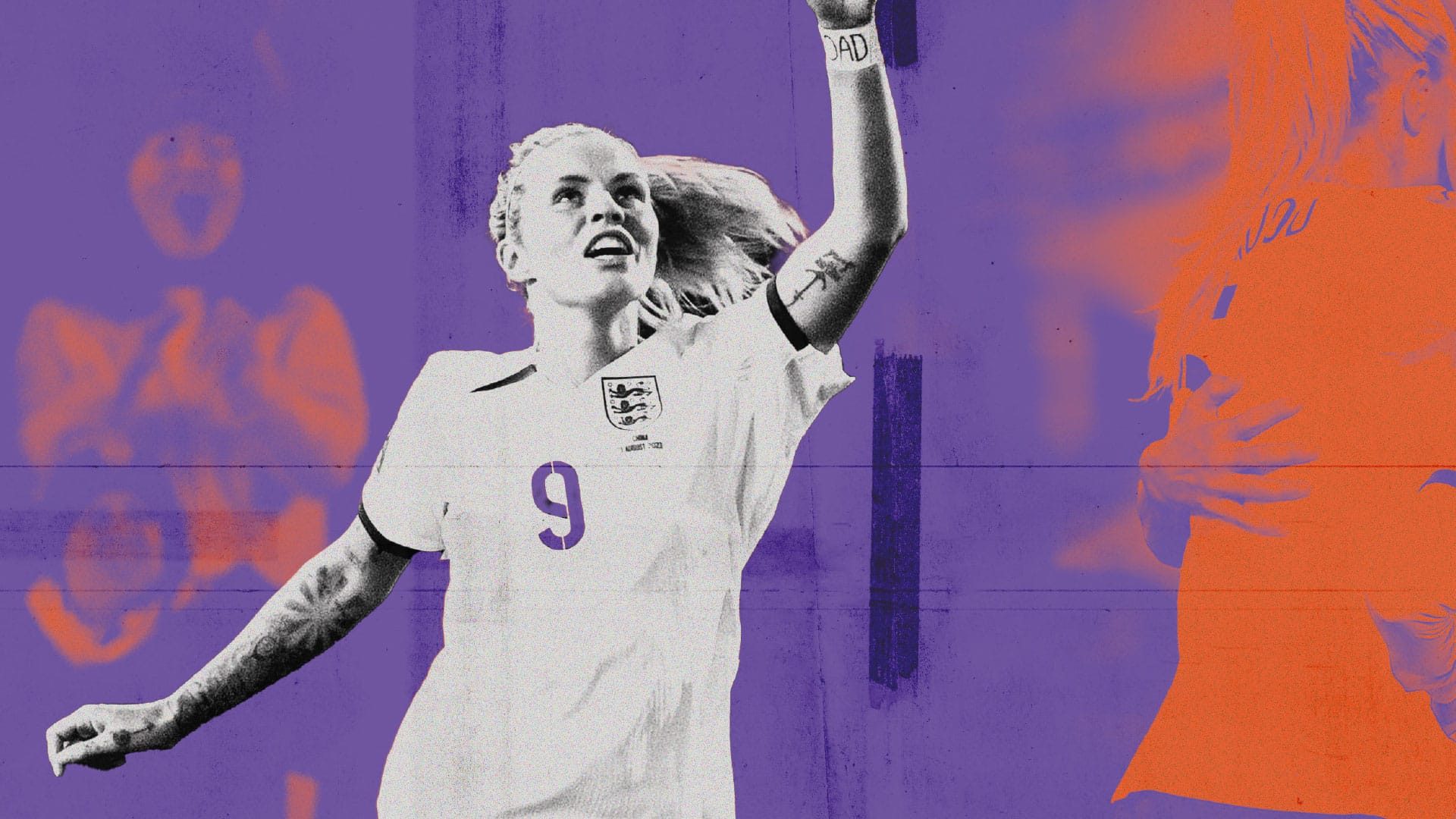 Rachel Daly celebrating a goal against the 31/7 purple and orange colours