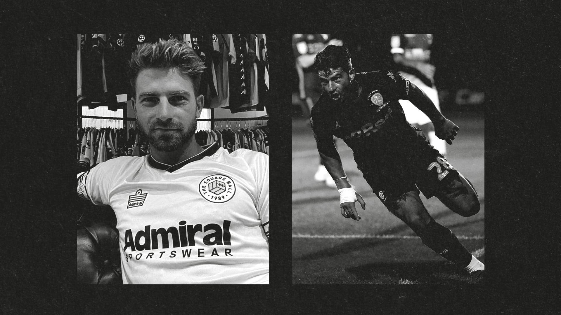 Two photos of Gaetano Berardi side by side in black and white: looking handsome at home in a TSB Admiral home shirt, looking handsome while celebrating his screamer against Salford