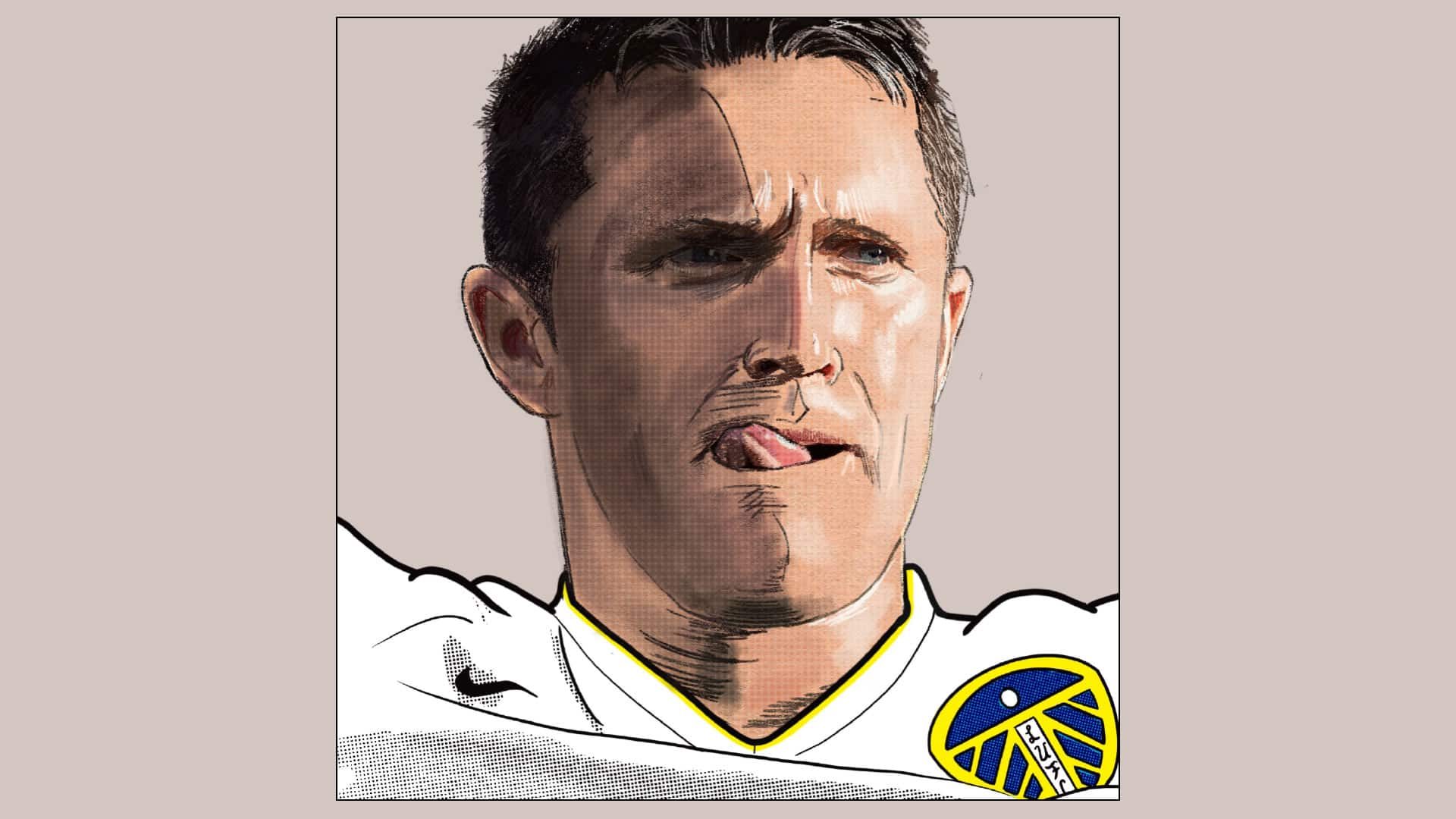 An illustration of Robbie Keane licking his lips in the white Strongbow shirt