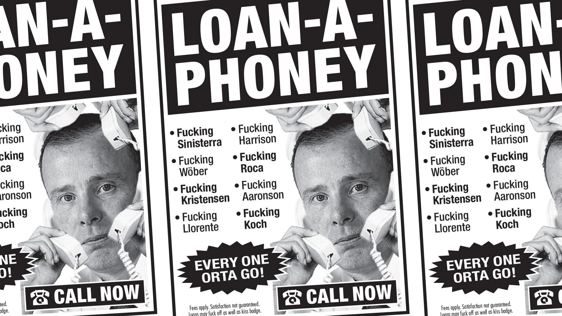 TSB-23-24-02-Loans 'LOAN-A-PHONEY' is the headline on an old school magazine advert featuring Angus Kinnear holding a phone to his ears and the names of 'Fucking Sinisterra', 'Fucking Wober', 'Fucking Kristensen' etc. Every One Orta Go!