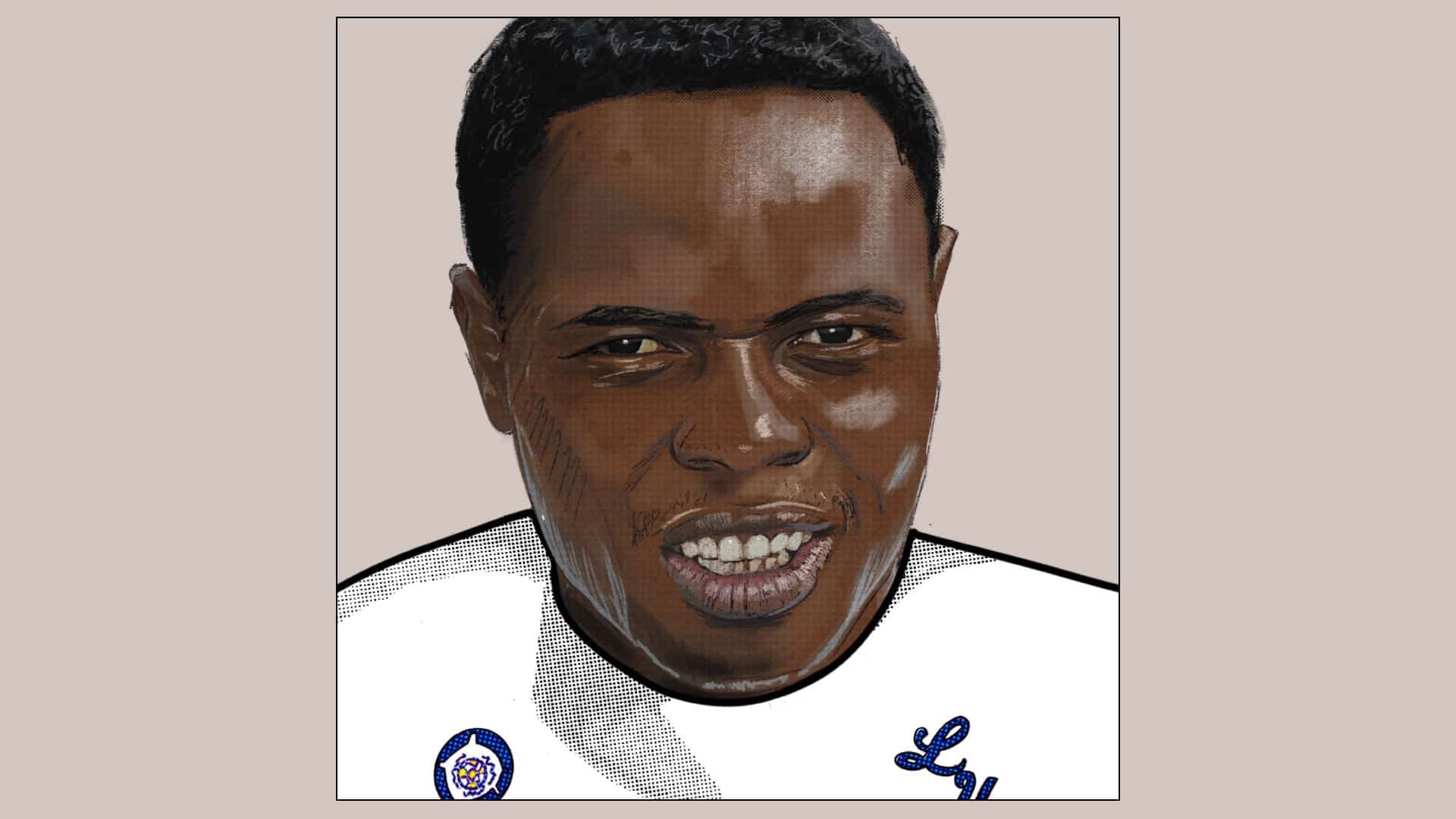 An illustration of Phil Masinga in the all-white Thistle Hotels home kit