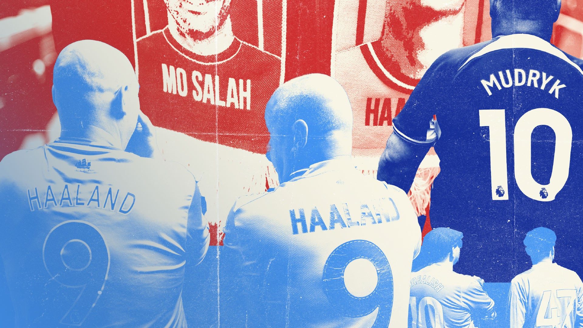 A collage of shirts from no-mark teams, with names like Haaland and Salah printed on the back