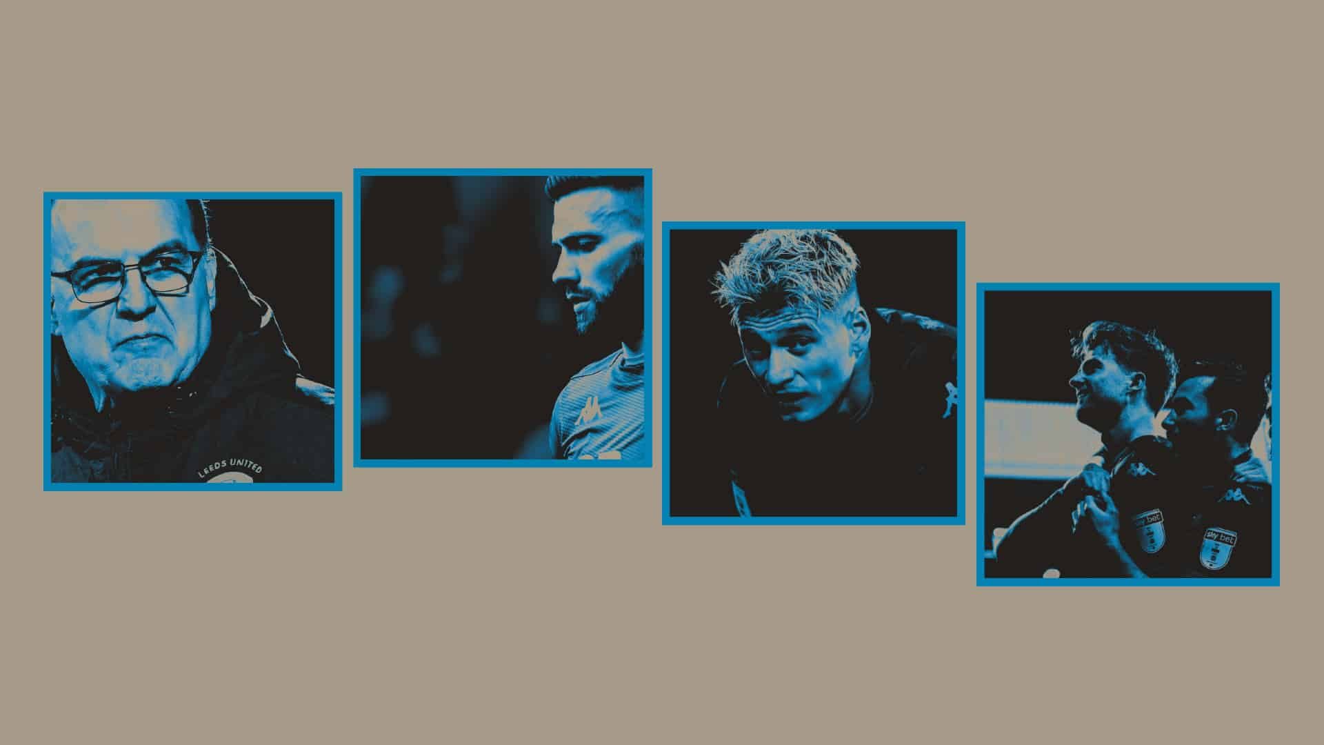 Four images in squares next to each other( left to right): Marcelo Bielsa, Stuart Dallas, Gjanni Alioski, and Pat Bamford