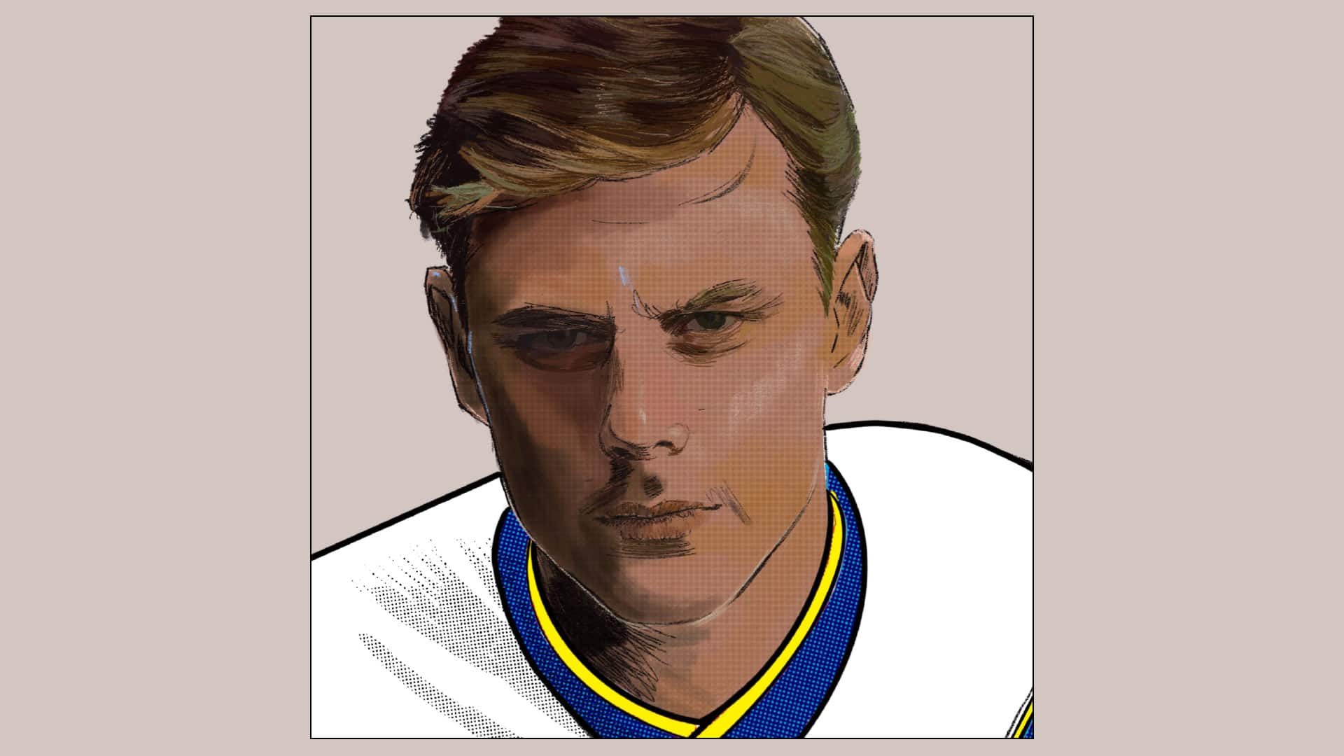 An illustration of Tommy Wright with a suave side parting, wearing the white Burton home shirt