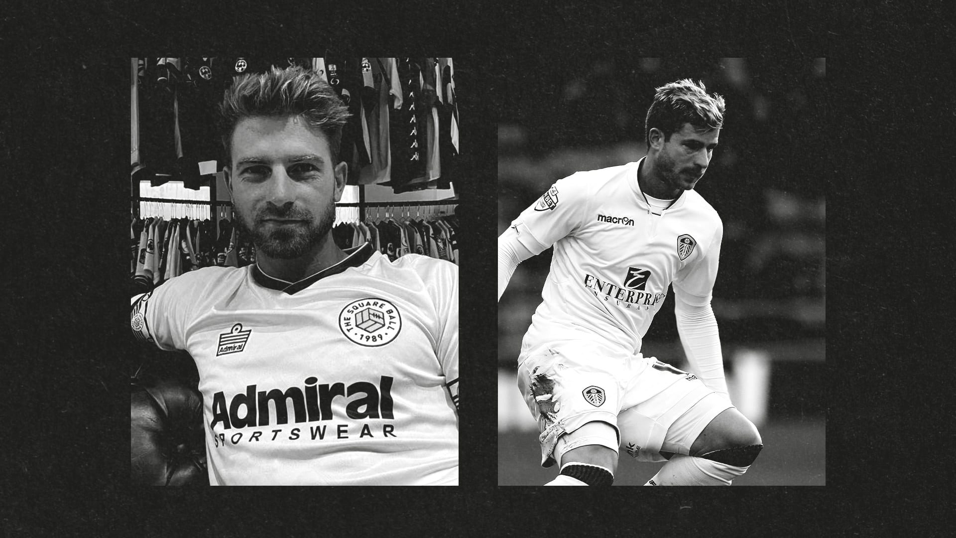Two photos of Gaetano Berardi, one recently smouldering in a TSB x Admiral shirt, one as a young player in some LUFC Macron garment