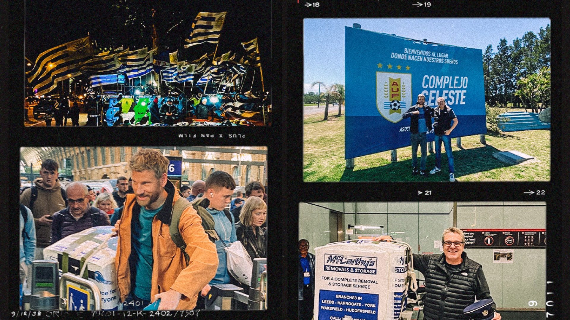 A collage of photos of Simon and James taking Bielsa's bucket to Uruguay