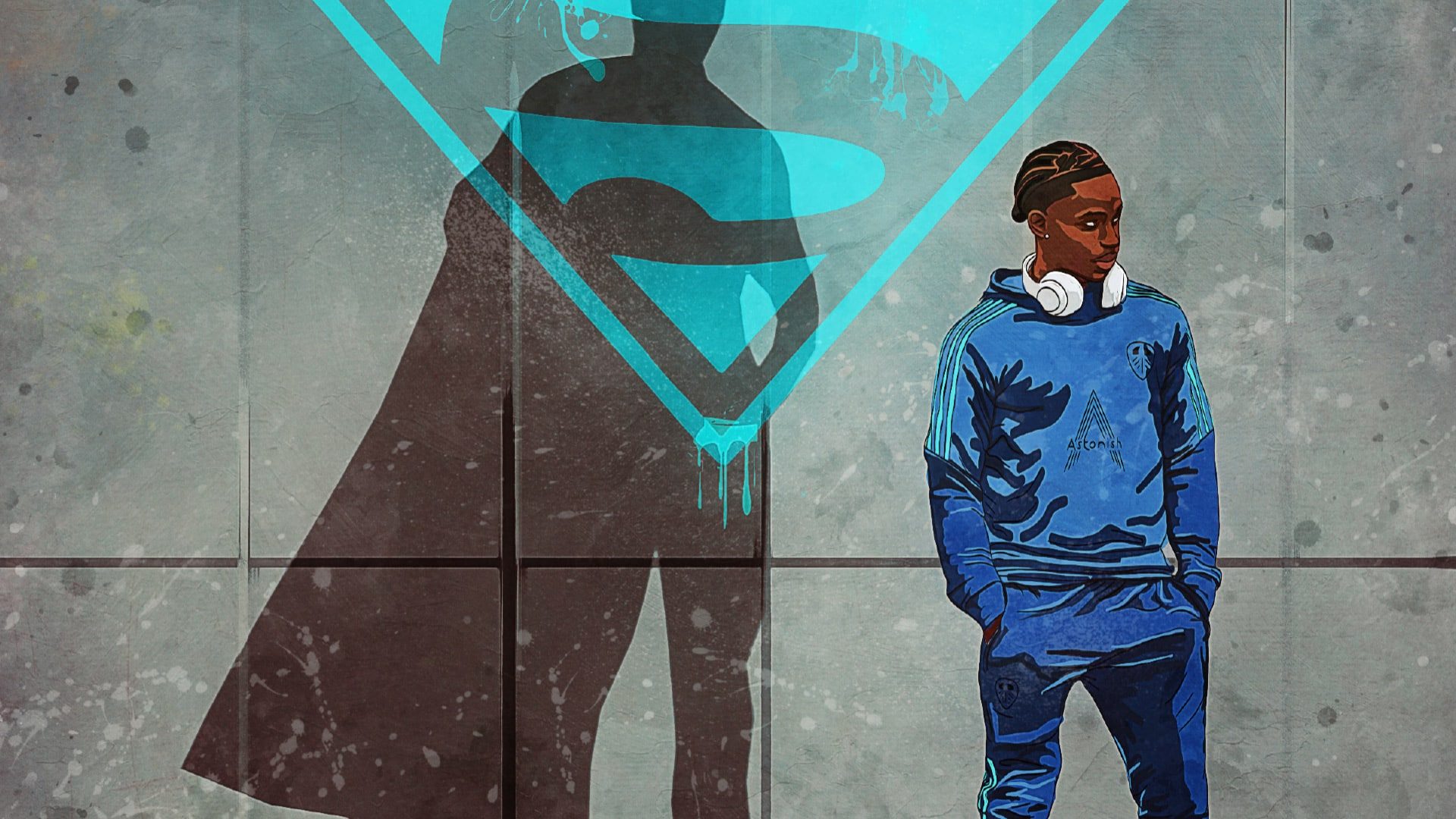 A drawing of Crysencio Summerville in his street clothes, casting a shadow with a cape and a Superman sign