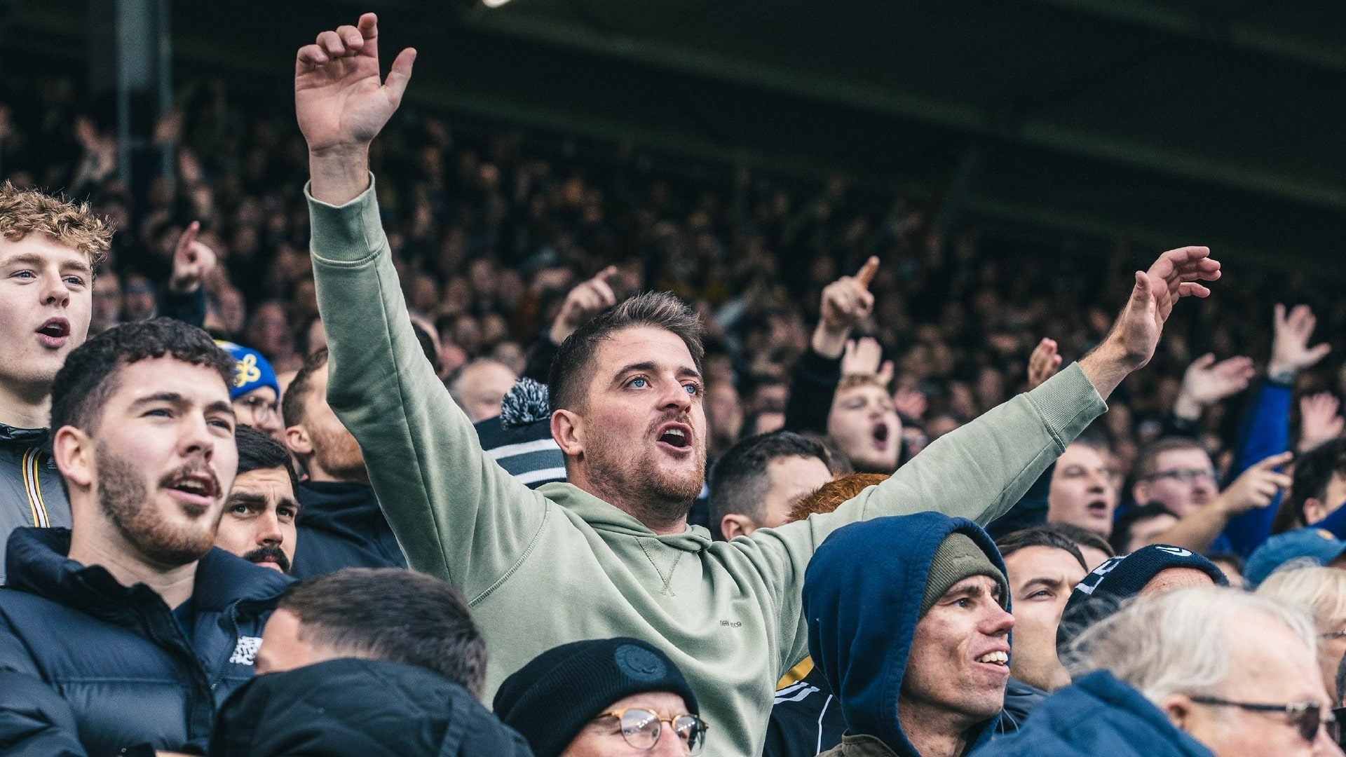 A photo of some of the crowd at Elland Road, possibly singing Status Quo