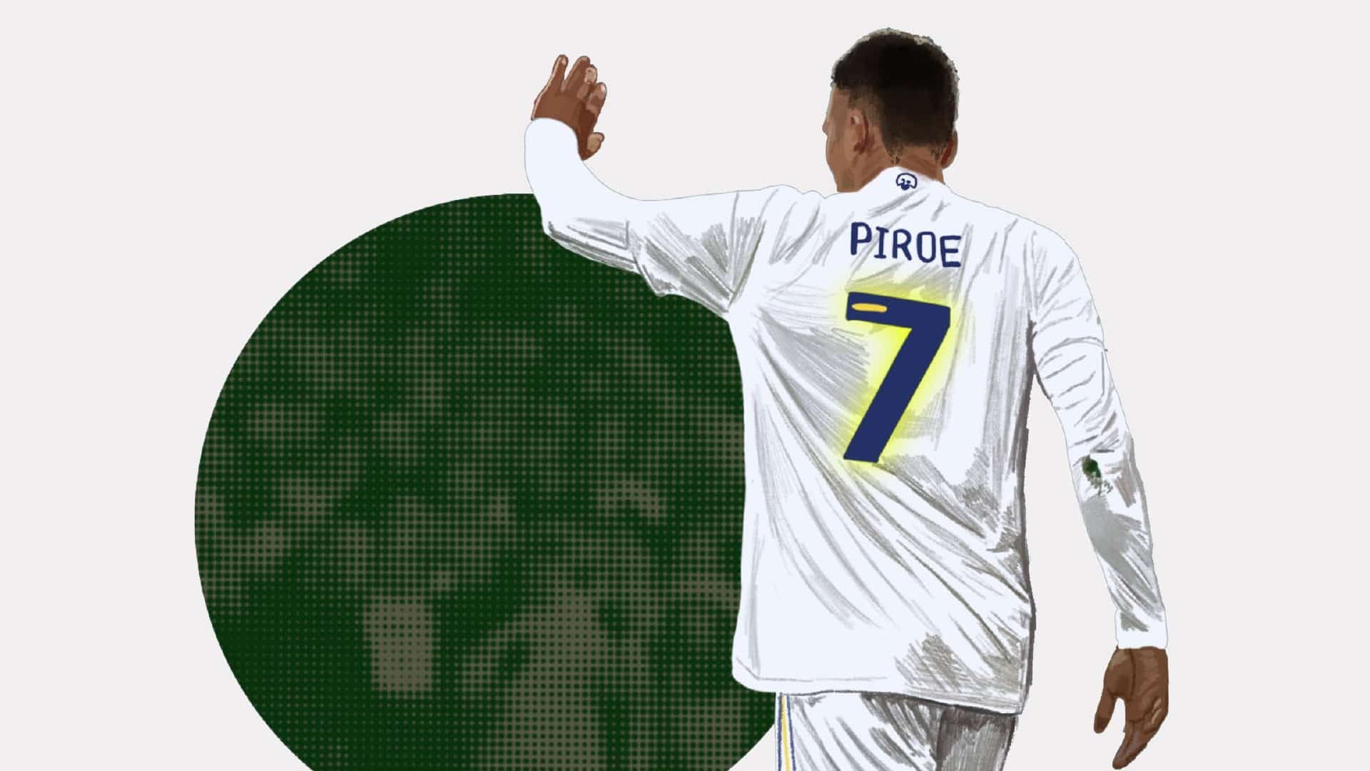 A drawing of Joel Piroe, showing the 'Piroe 7' on the back of his white Leeds shirt