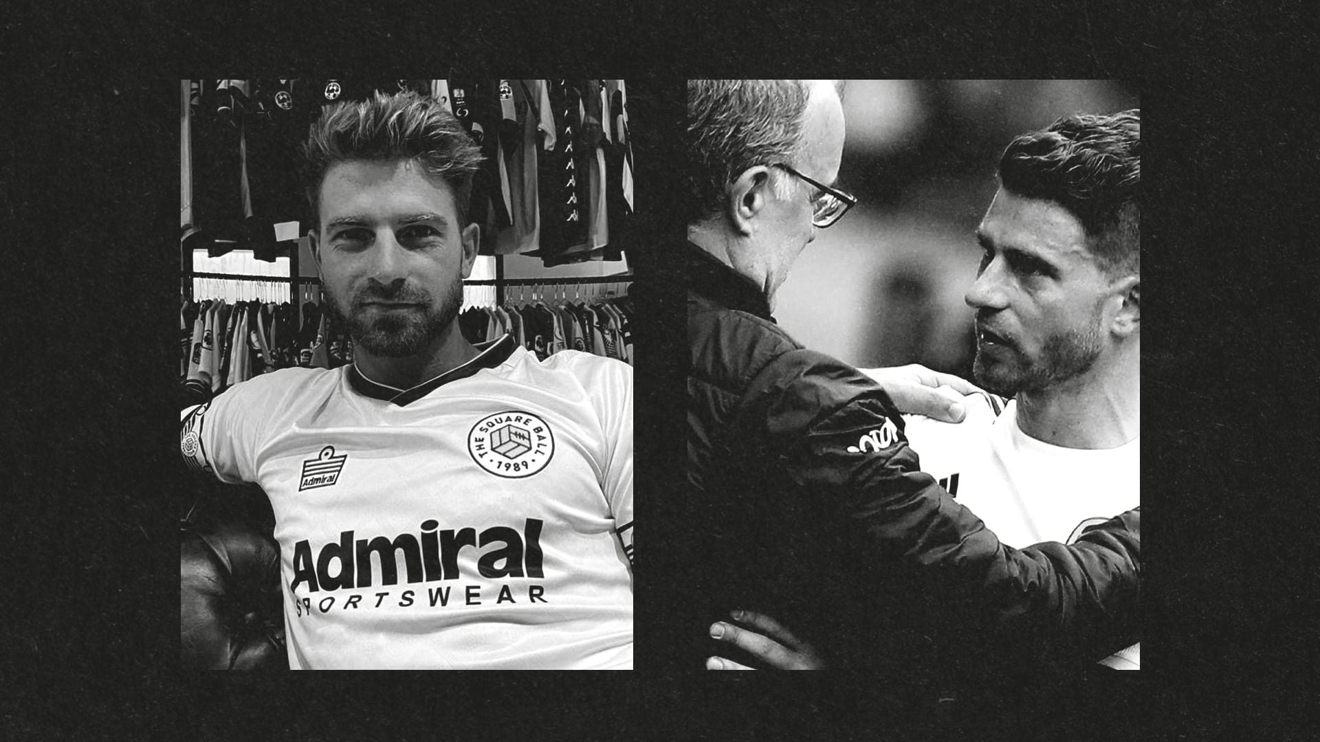Two black and white images side to side of Gaetano Berardi looking handsome in a TSB football shirt and Gaetano Berardi looking handsome chatting to Marcelo Bielsa