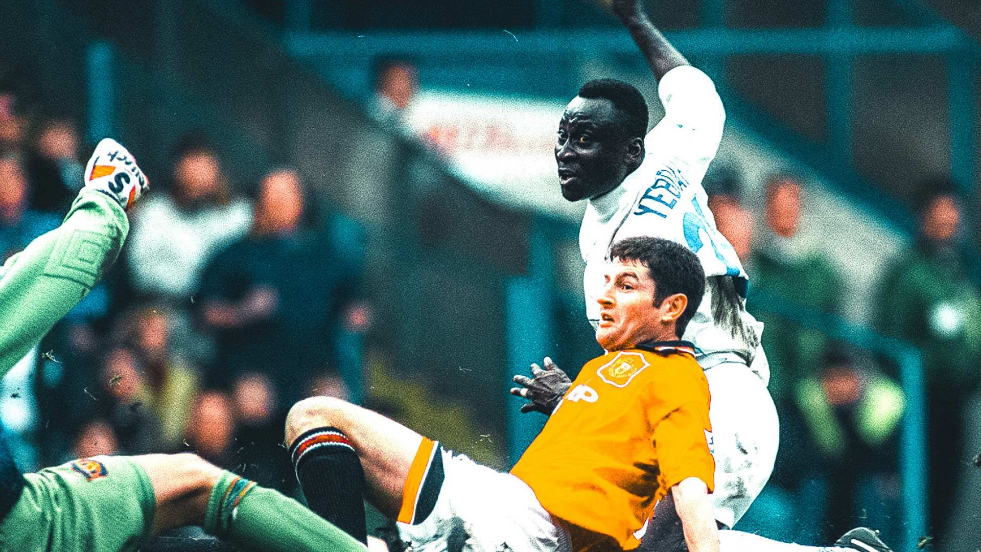 A photograph of Tony Yeboah scoring against Scum on Christmas Eve 1995