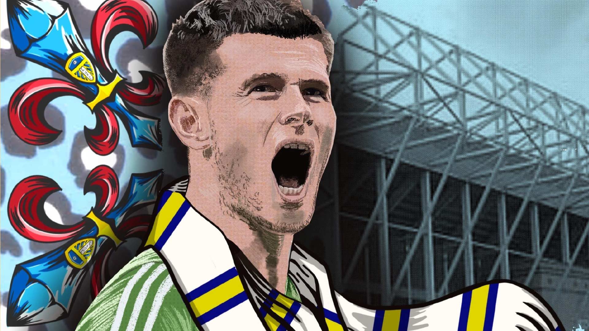 An illustration of Illan Meslier roaring while wearing a Leeds scarf in front of Elland Road