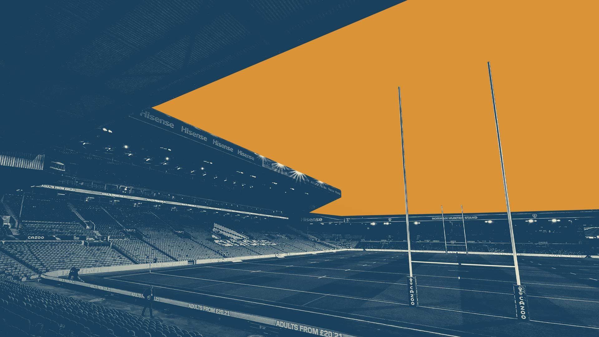 An image of an empty Elland Road with rugby posts erected instead of football posts. The sky has been coloured orangey-yellow and the ground is blue