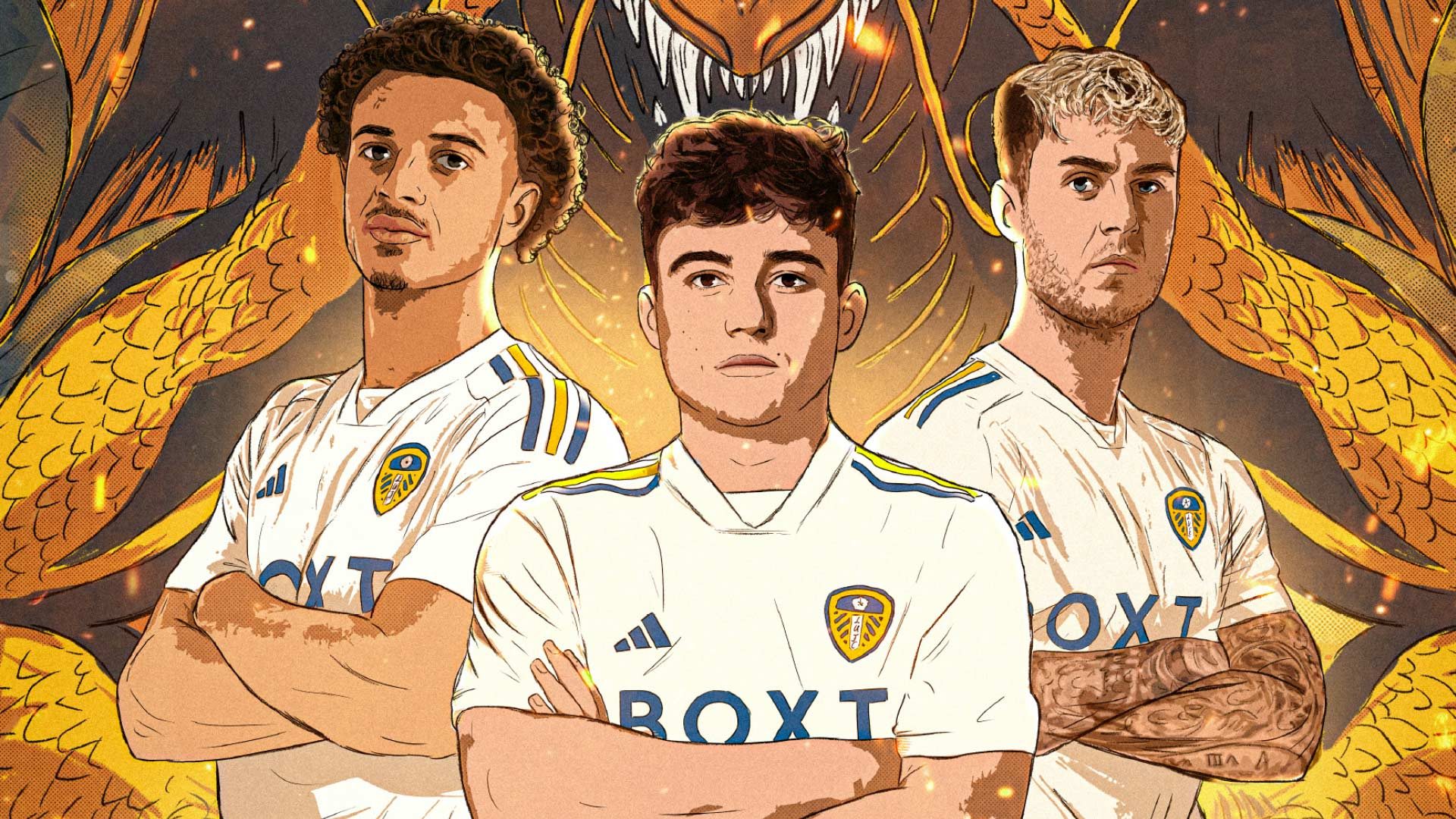 An illustration of Ethan Ampadu, Dan James, and Joe Rodon in Leeds home shirts in front of a big scary dragon. The dragon is on their side, obviously, because they're Welsh