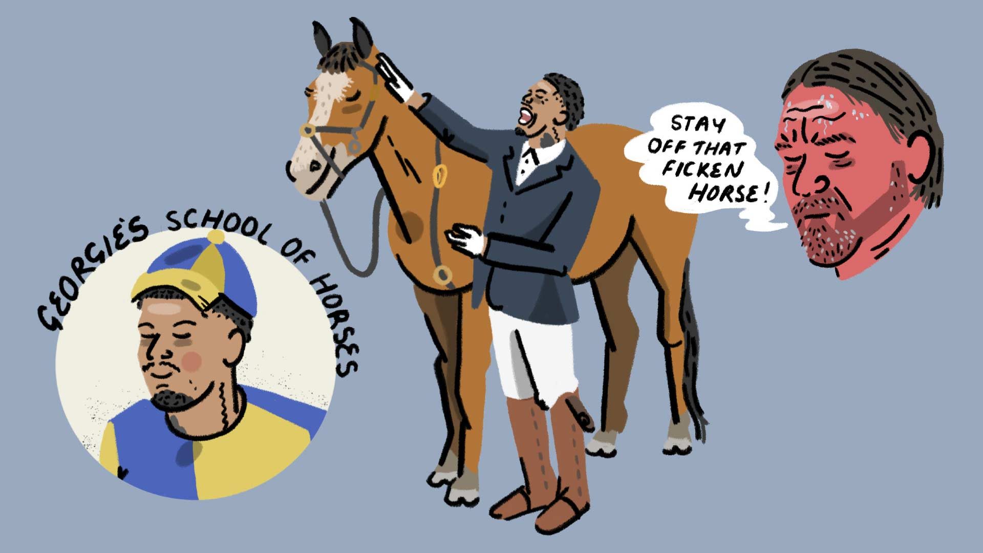 An illustration of Georgi Rutter with his horse and an angry Daniel Farke yelling out of a speech bubble: "STAY OFF THAT FICKEN HORSE!"