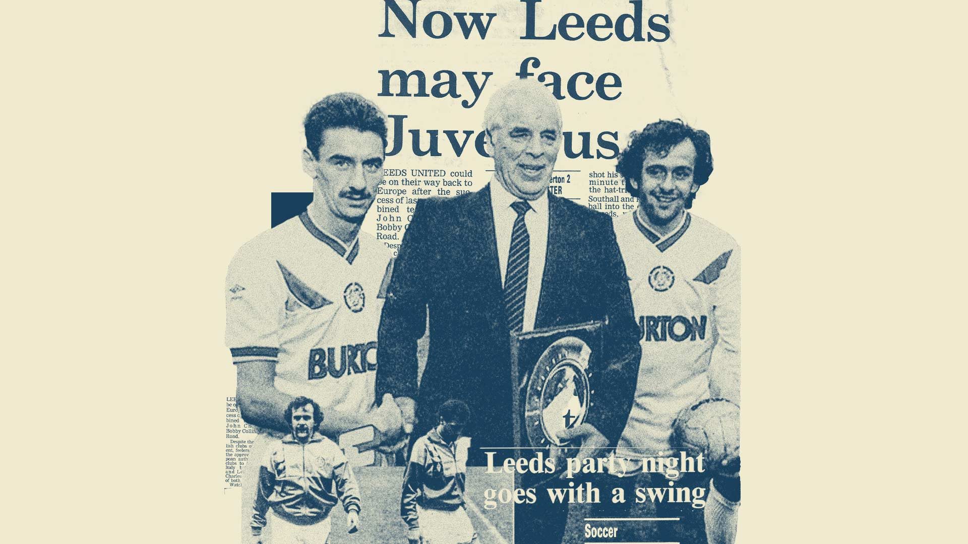 A collage of newspaper clippings from the John Charles and Bobby Collins testimonial game in 1988 and photos of Charles with Ian Rush and Michel Platini wearing Leeds shirts