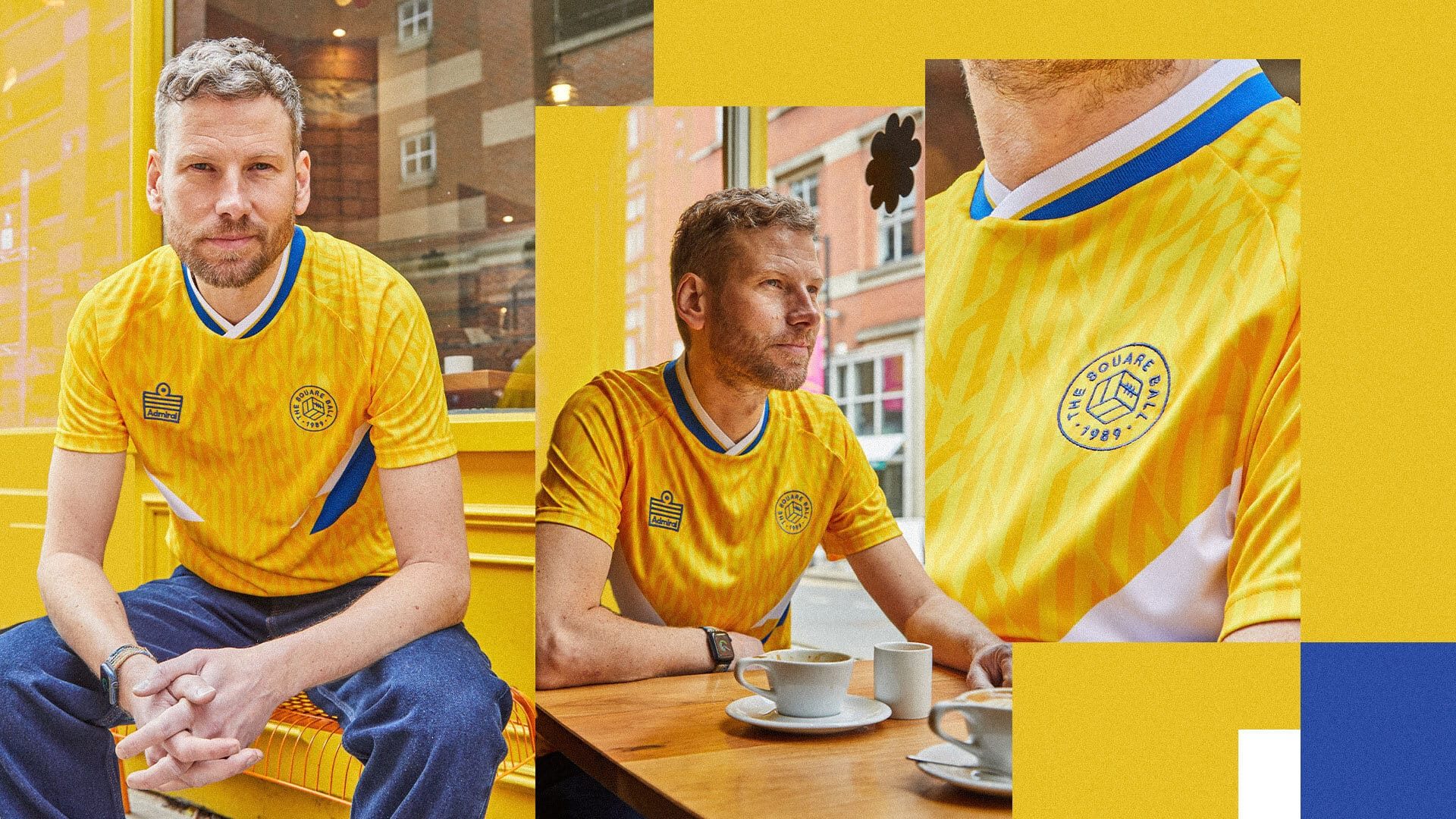 A collage of photos of Simon Rix from Kaiser Chiefs at Laynes Espresso in Leeds wearing our TSB x Admiral collab football shirt, which is yellow with a blue and white v-neck collar, white and blue chest flashes, and has the TSB and Admiral logos on the chest
