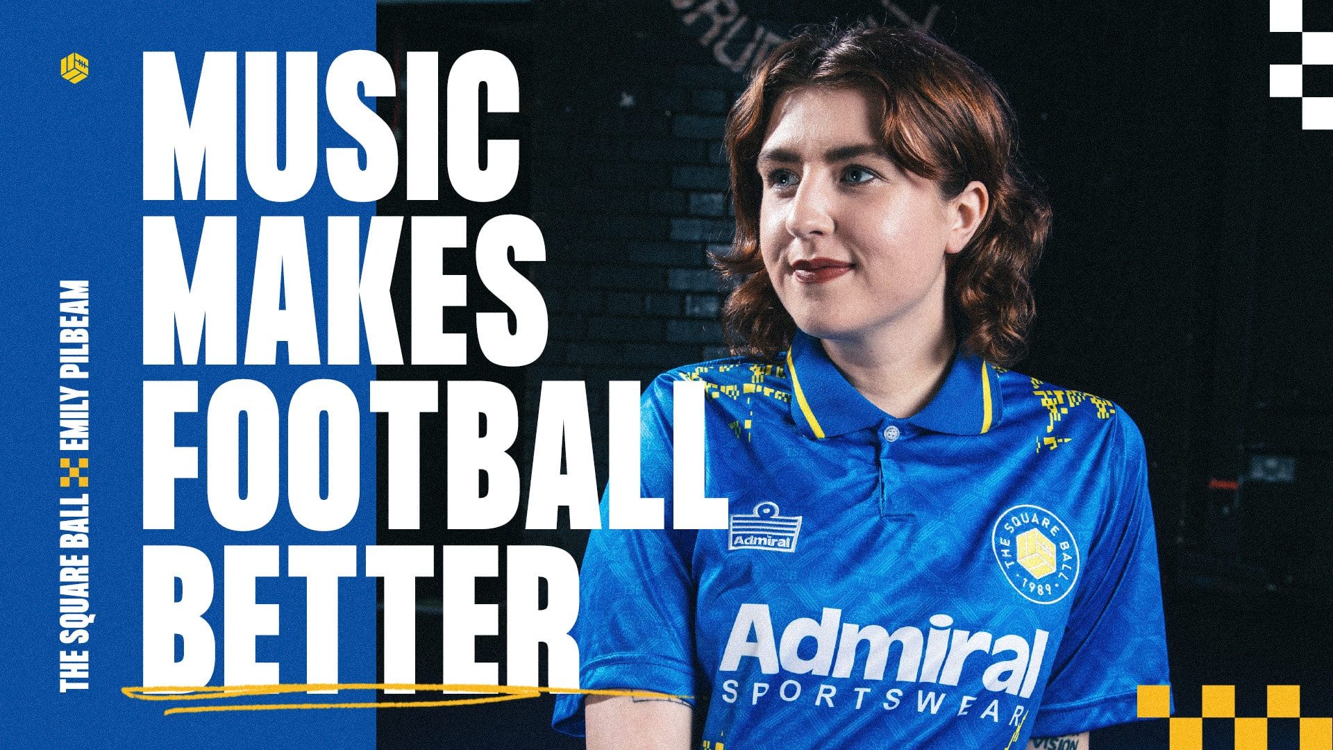 BBC Introducing DJ Emily Pilbeam wearing a TSB x Admiral blue away shirt, photographed at the Brudenell Social Club, next to the words 'Music Makes Football Better', because it does