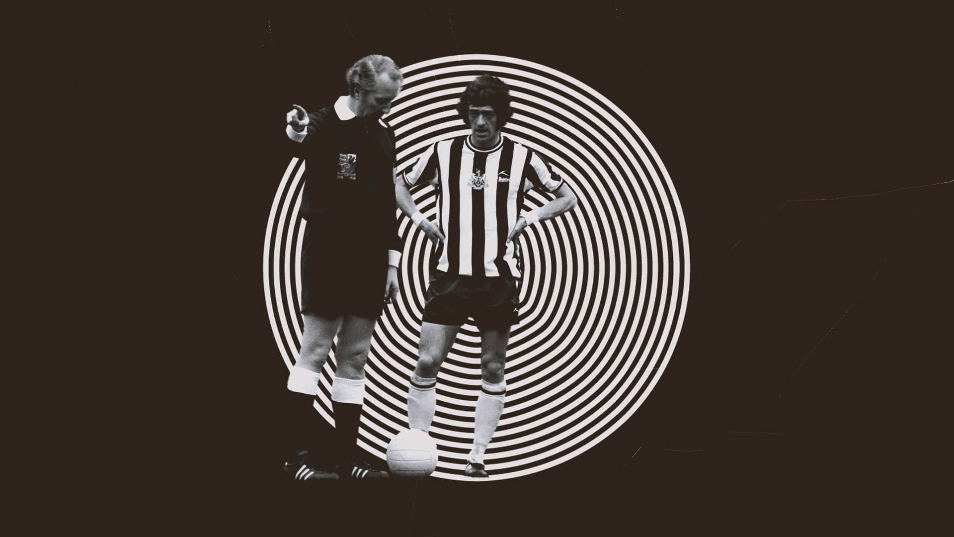 Terry Hibbitt, in the black and white stripes of Newcastle, being ordered about by a referee