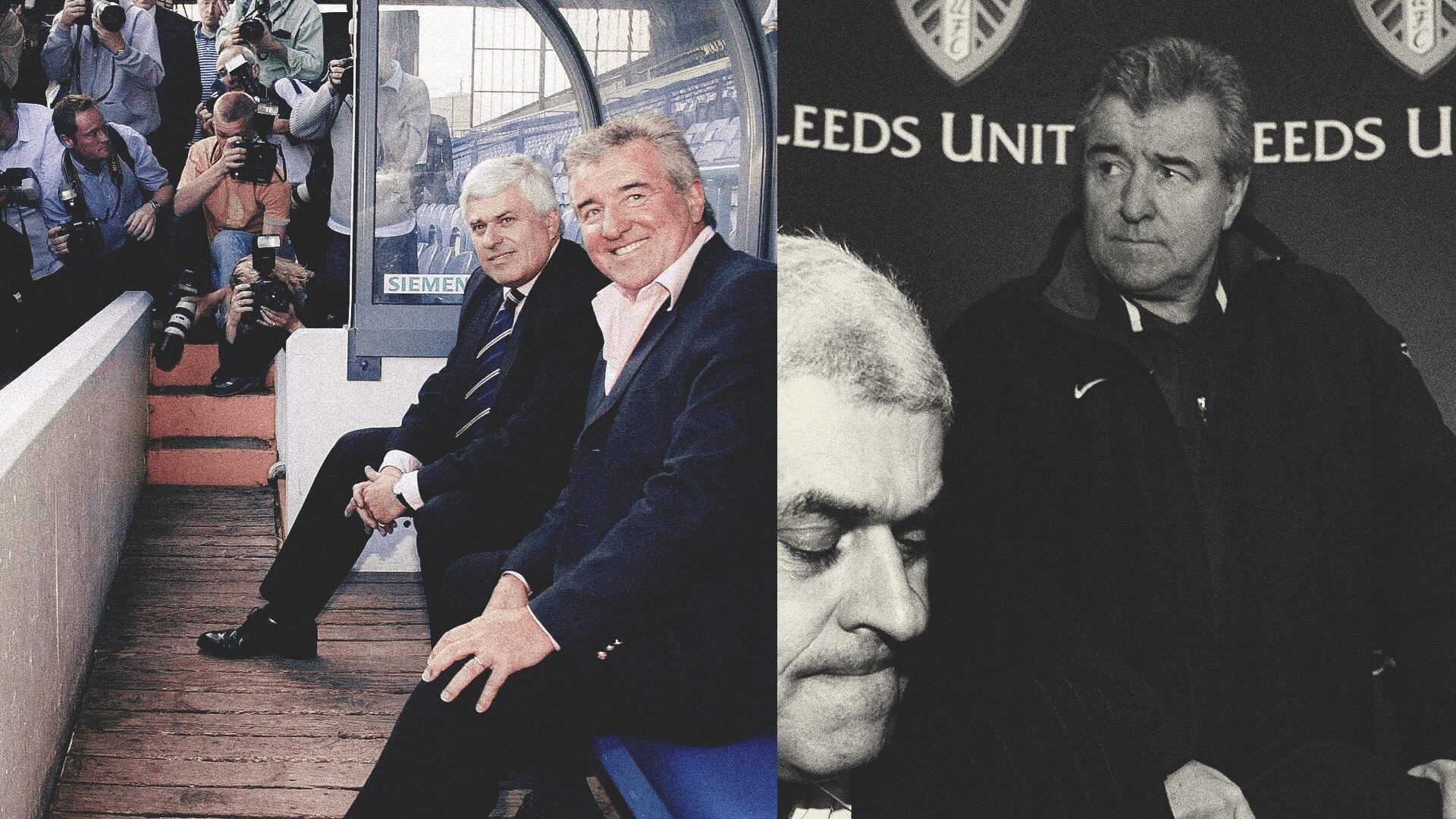 A split image, showing Peter Ridsdale and Terry Venables smiling in the dugout at a photocall for the latter's arrival at Leeds; then the pair of them looking pained at the press conference when Woodgate was sold