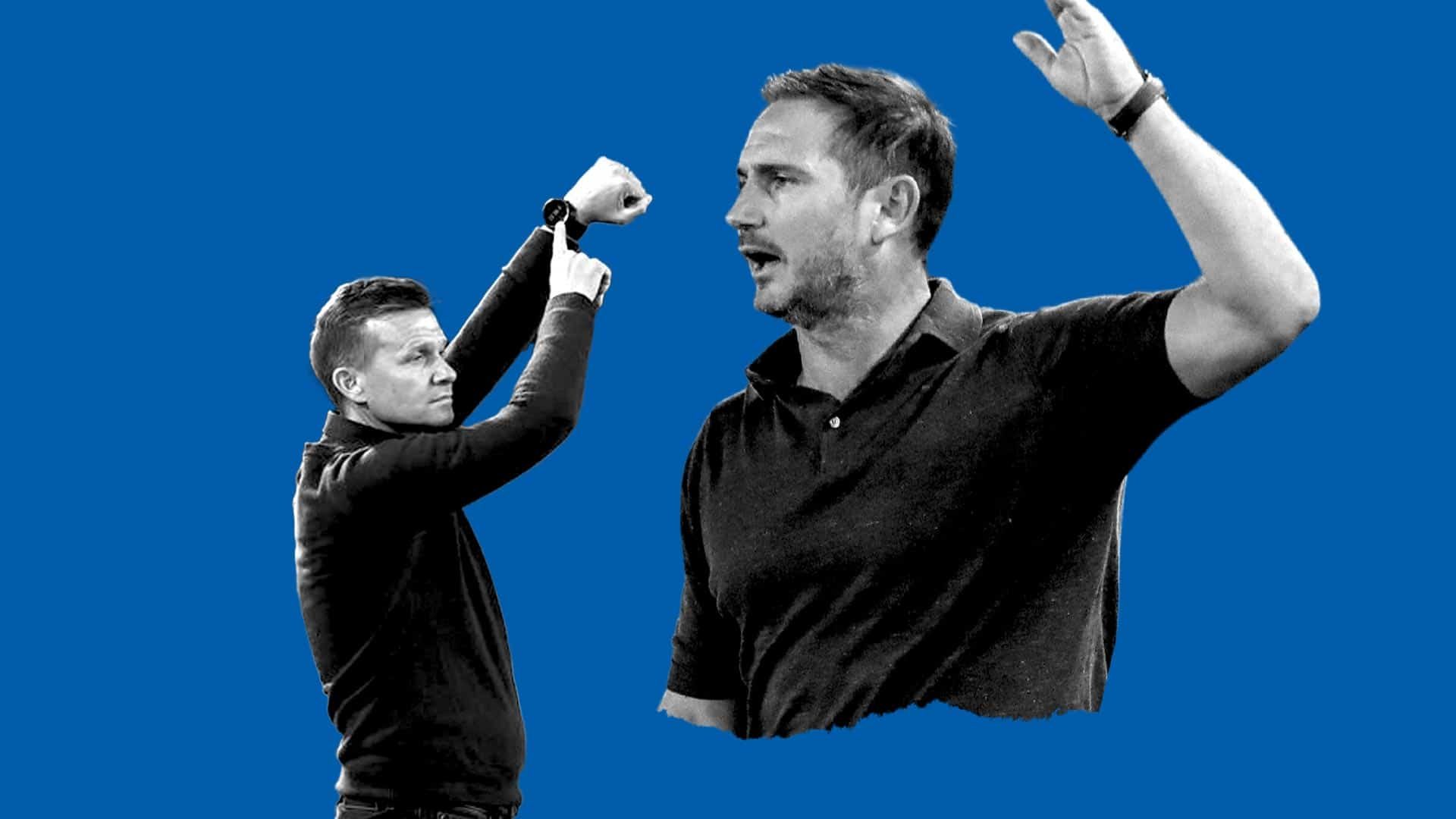 Jesse Marsch pointing to his watch and Frank Lampard holding his hand in the air in what should be an apology, but is probably preparation to pat himself on the back