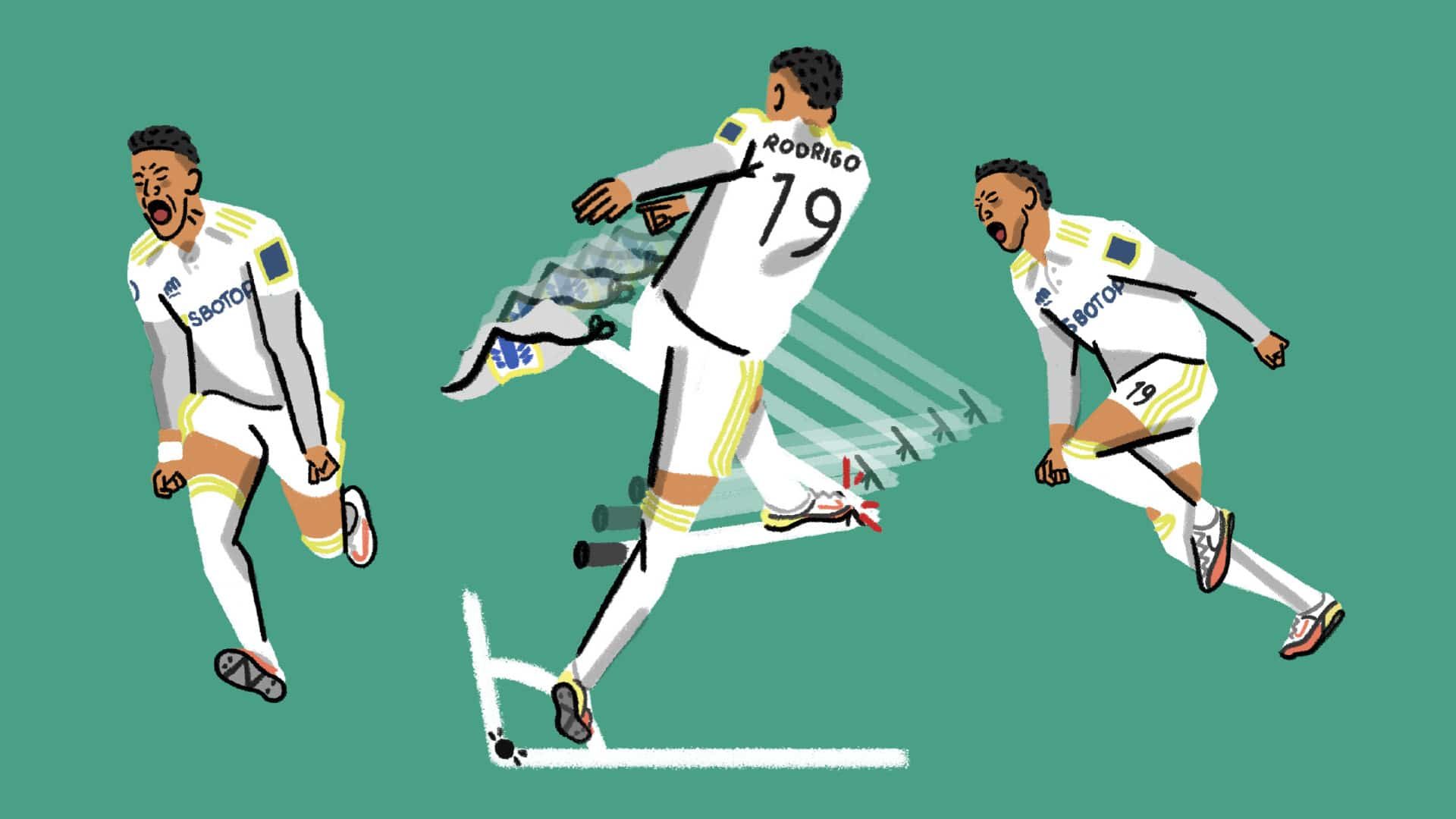 Some lovely drawings of Rodrigo celebrating and drop-kicking a corner flag