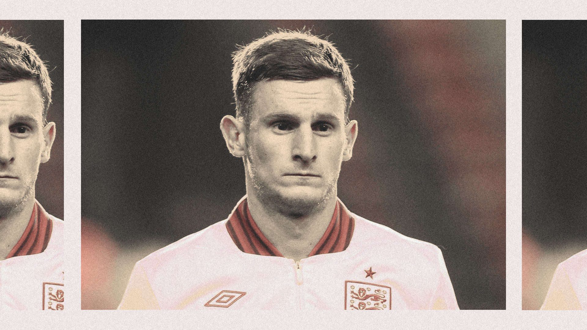 The same of image of Tom Leeds three times, he is lining up for an England Under-21s match in a tracksuit top, with the same facial expression he always has