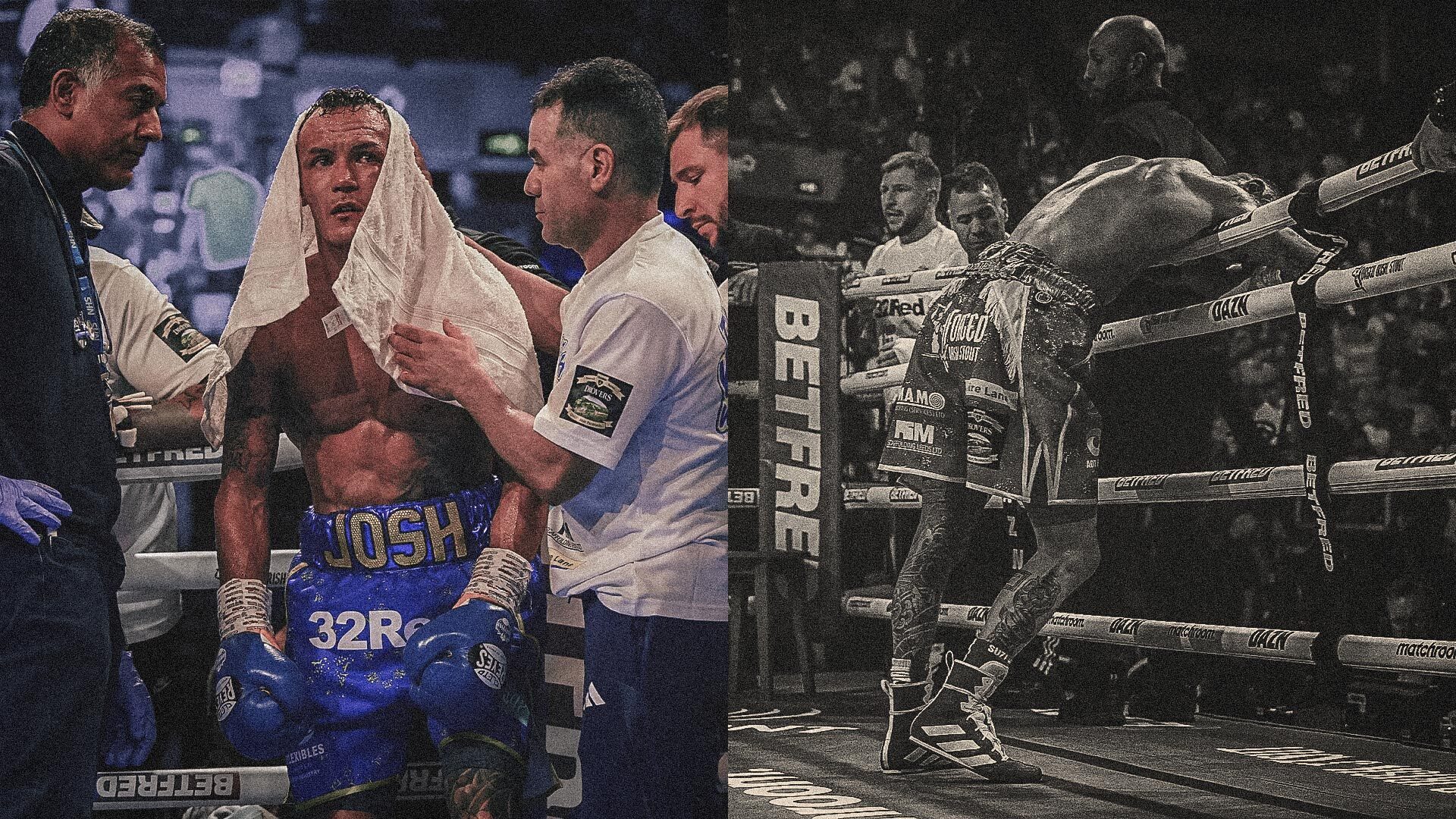 A photo of Josh Warrington with a towel over his head after being knocked out by Leigh Wood, next to a black and white photo of Josh draped over the ropes afterwards, gutted