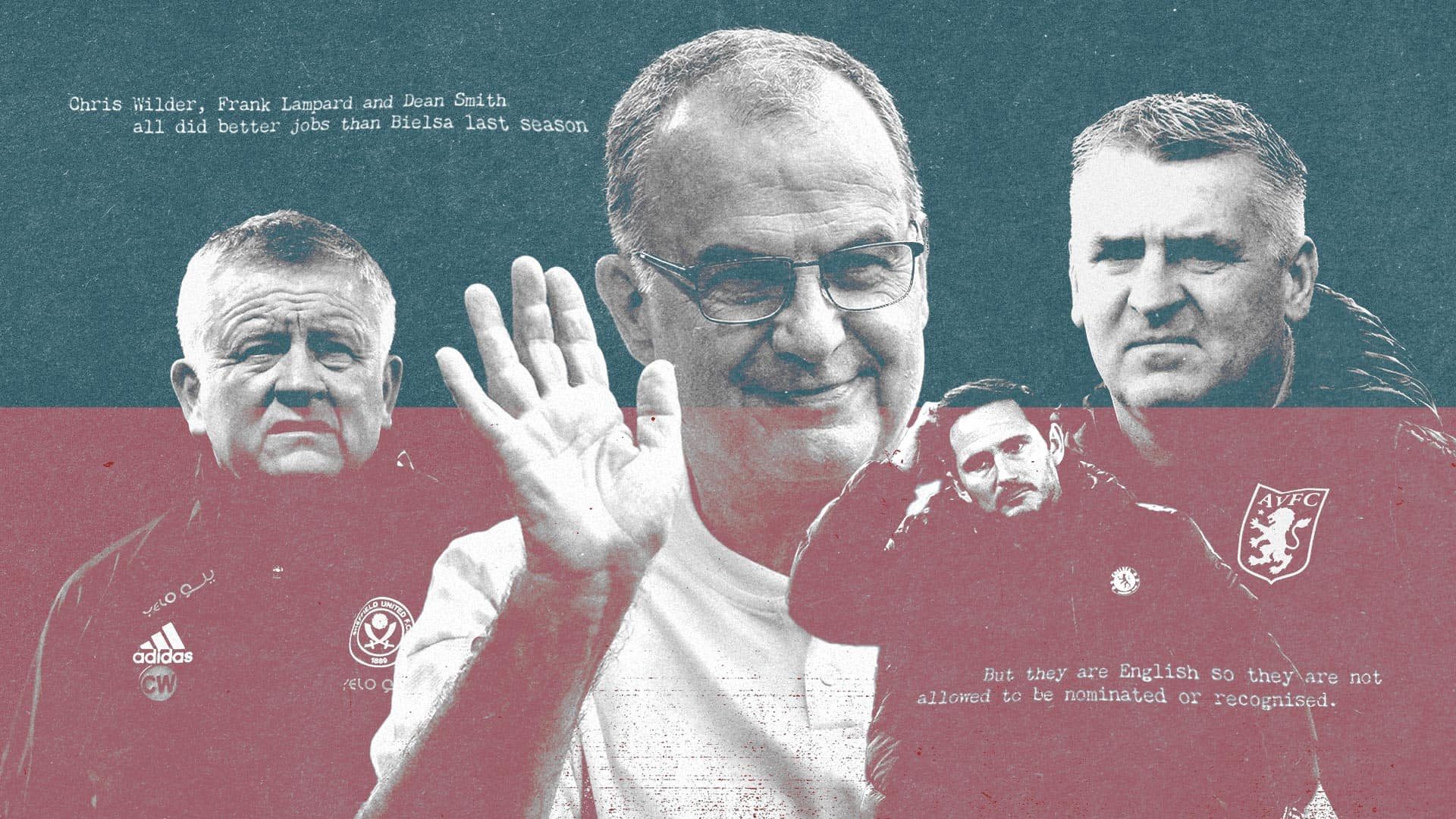 Marcelo Bielsa waving cheerfully while Chris Wilder, Frank Lampard and Dean Smith look upset
