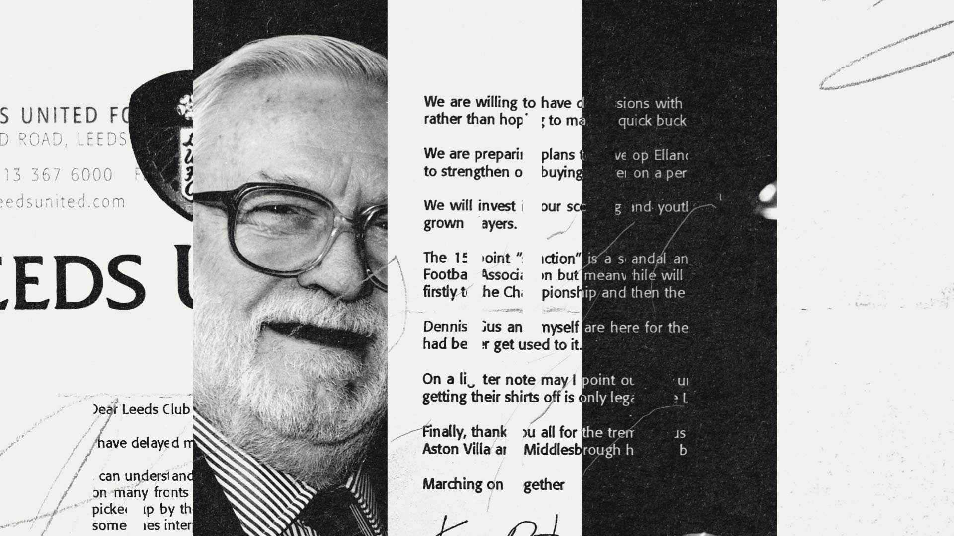 A black and white image of some horrible Ken Bates programme notes with Ken Bates' horrible face with a horrible smile