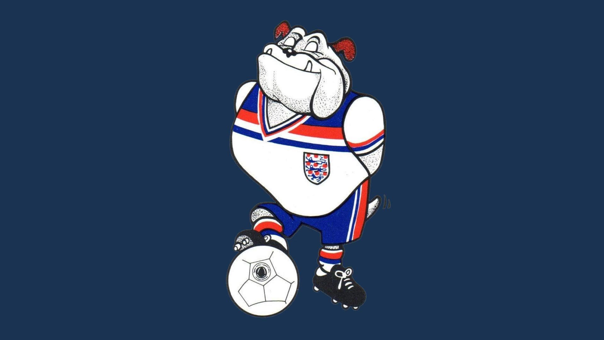 A cartoon bulldog in England's 1982 World Cup kit standing with his foot on the ball looking quite smug — AKA Bulldog Bobby