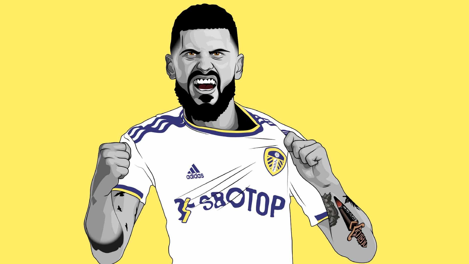 An illustration of Mateusz Klich pumping his fist and showing off the badge on his Leeds shirt, like the good ol' days