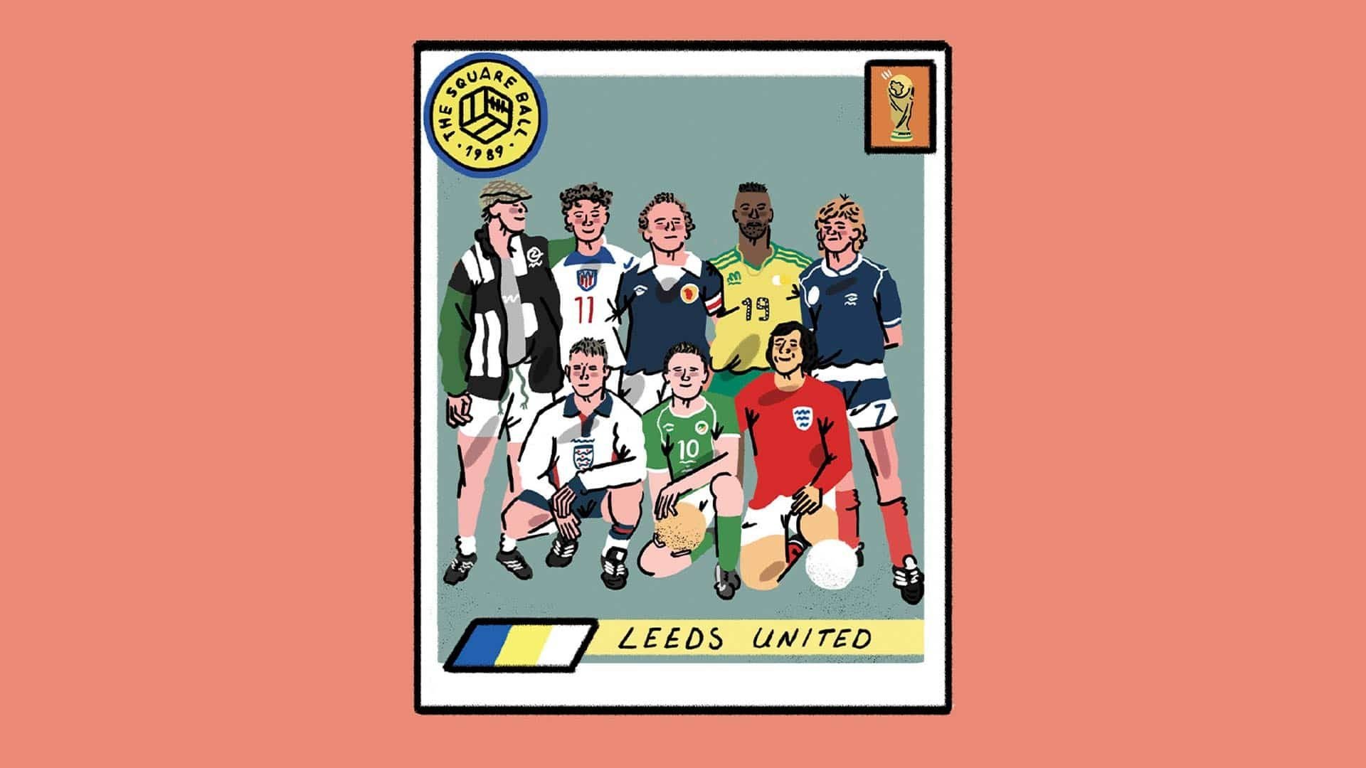 The cover of TSB 22-23 issue 04, featuring a squad of Leeds players at the World Cup drawn by Arley Byrne