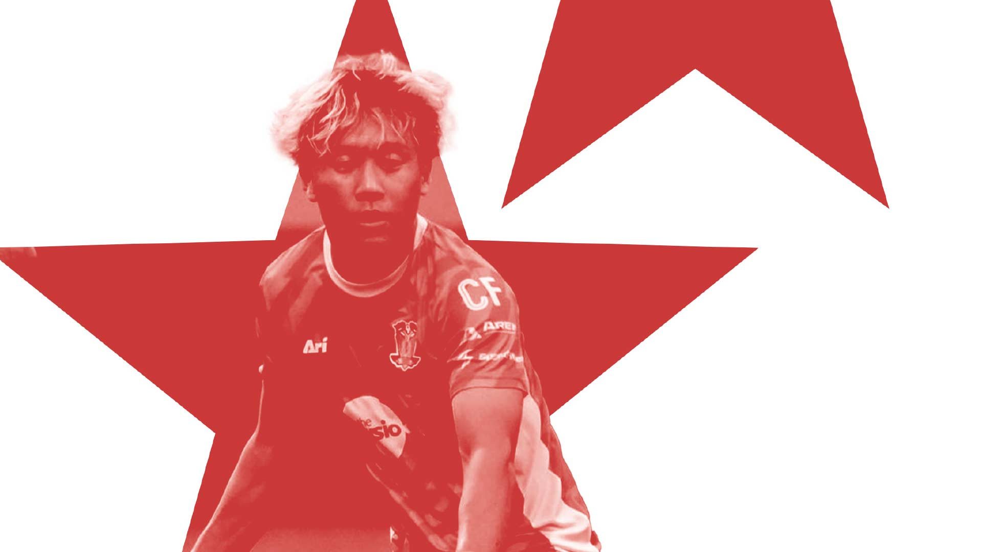 An image of a Singapore football player against a backdrop of the stars from the Singapore flag