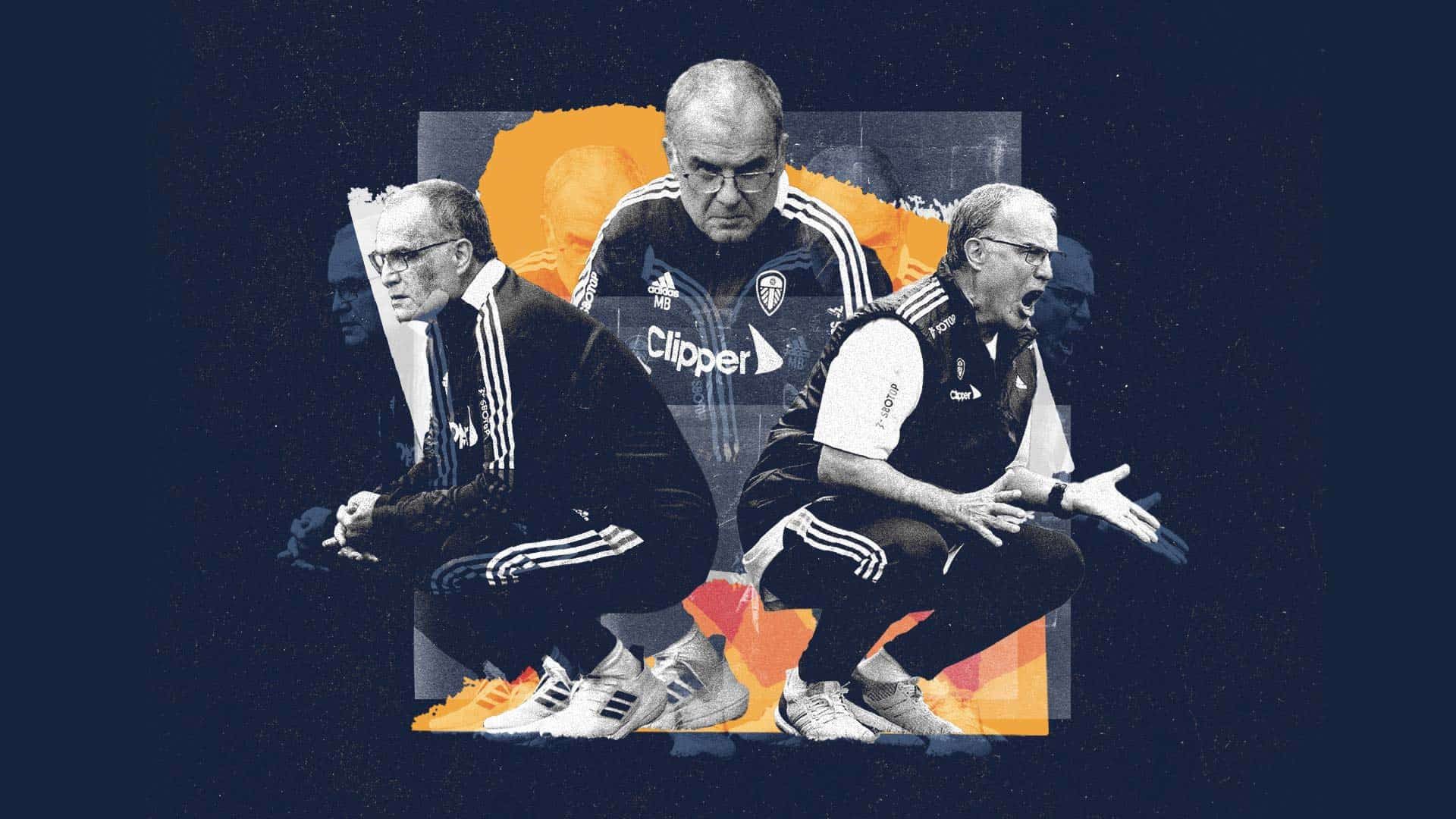 A collage of three Marcelo Bielsa's squatting, for treble the intensity