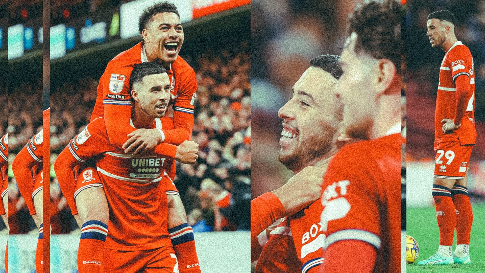 Three images side-to-side of Sam Greenwood celebrating his free-kick against Leicester. I'd love to tell you who the Middlesbrough player is jumping on his back, but I don't know who he is, because he's a Middlesbrough player