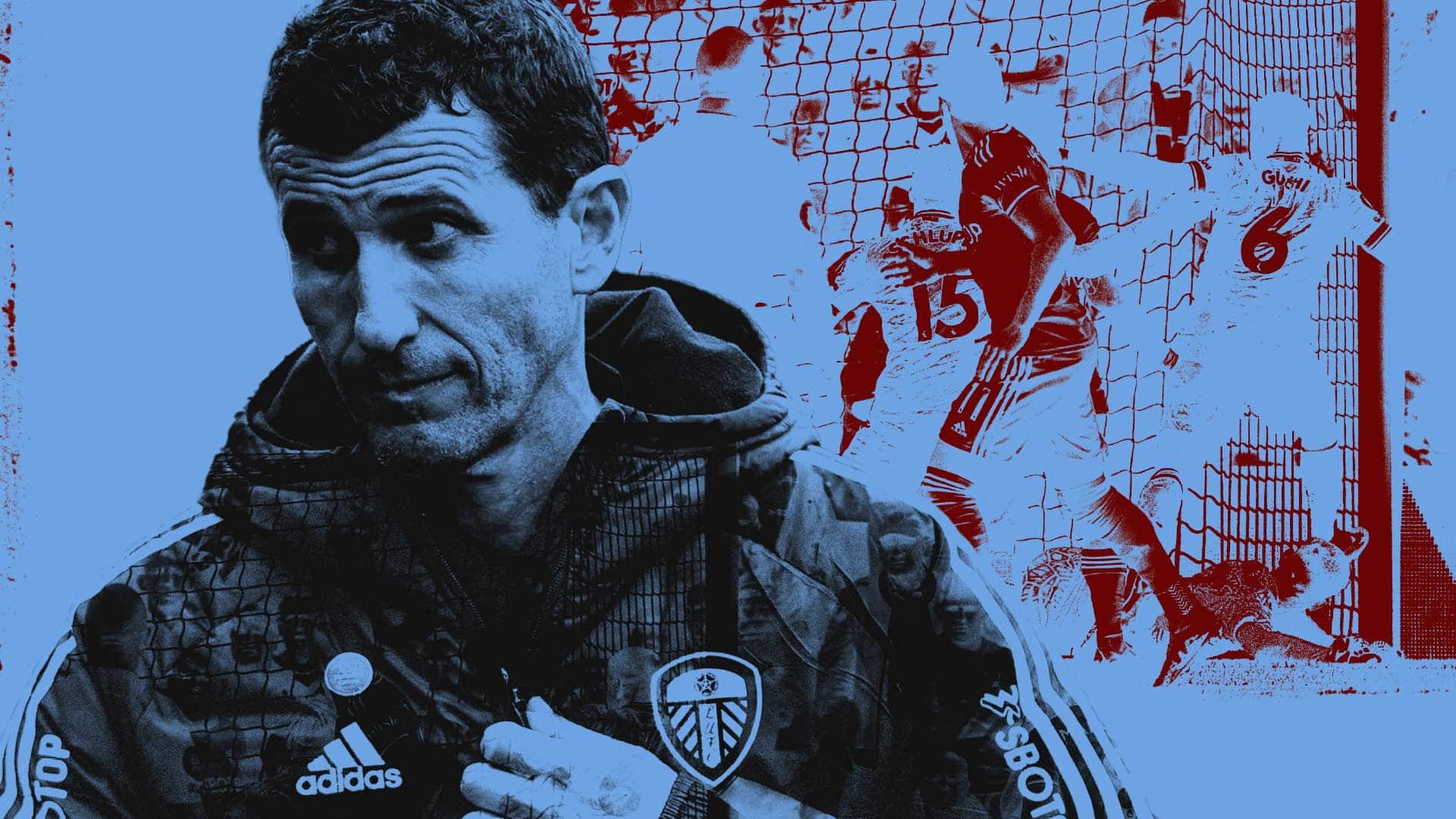 Javi Gracia playing with the zip on his Leeds coat, haunted by the image of Marc Guehi's equaliser for Crystal Palace over his shoulder