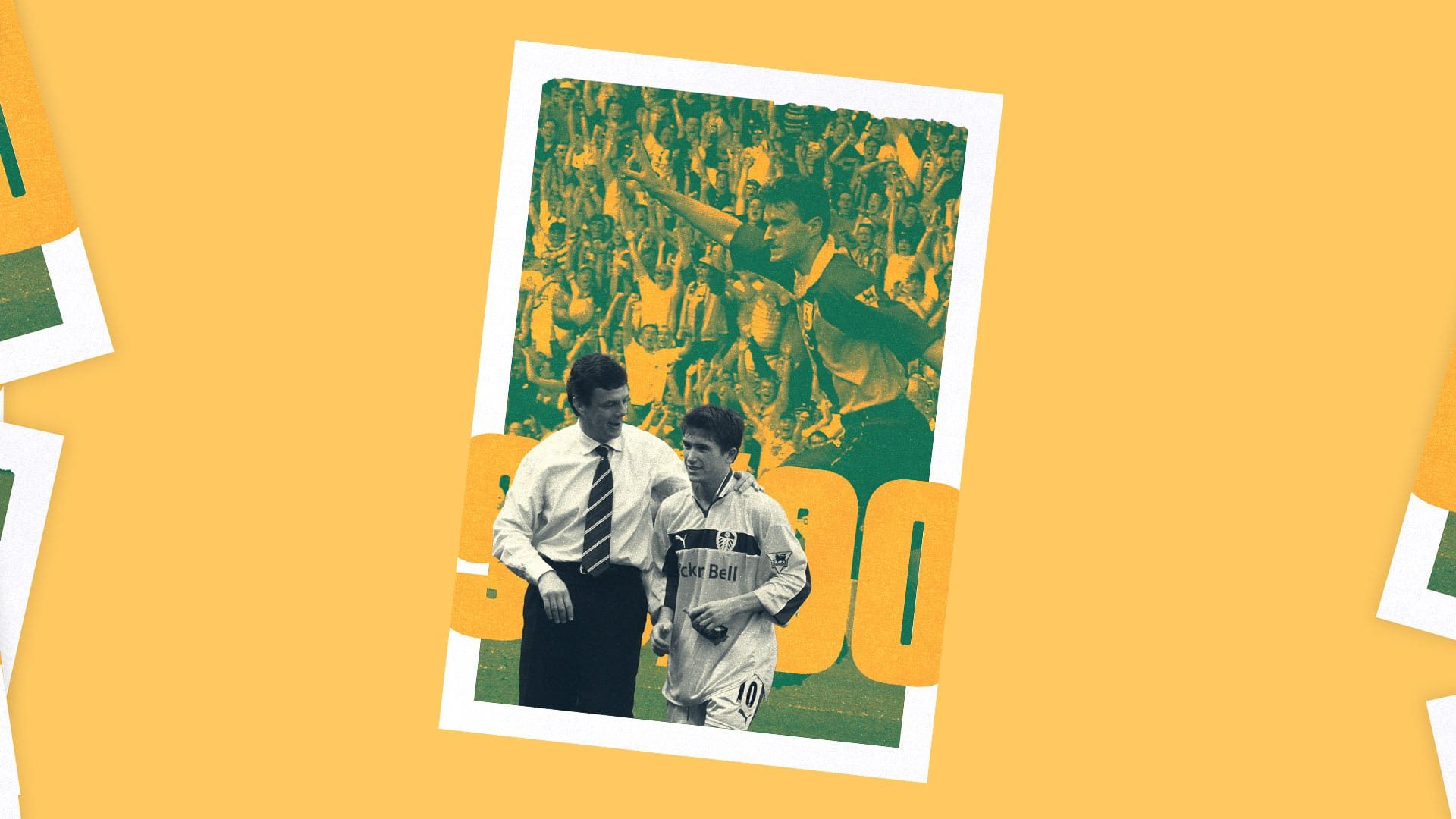David O'Leary with his arm around Harry Kewell, in front of the numbers 99/00, and an image of David Wetherall celebrating his goal for Bradford that put Leeds into Europe