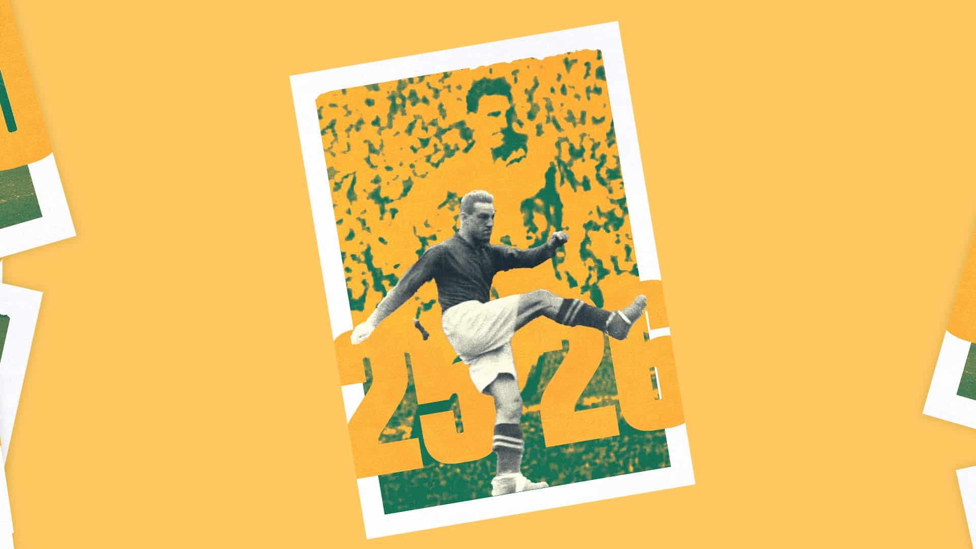 Tom Jennings, his leg outstretched after kicking a shot probably into the net, in front of the numbers 25/26, in front of another image of Jennings playing for Leeds