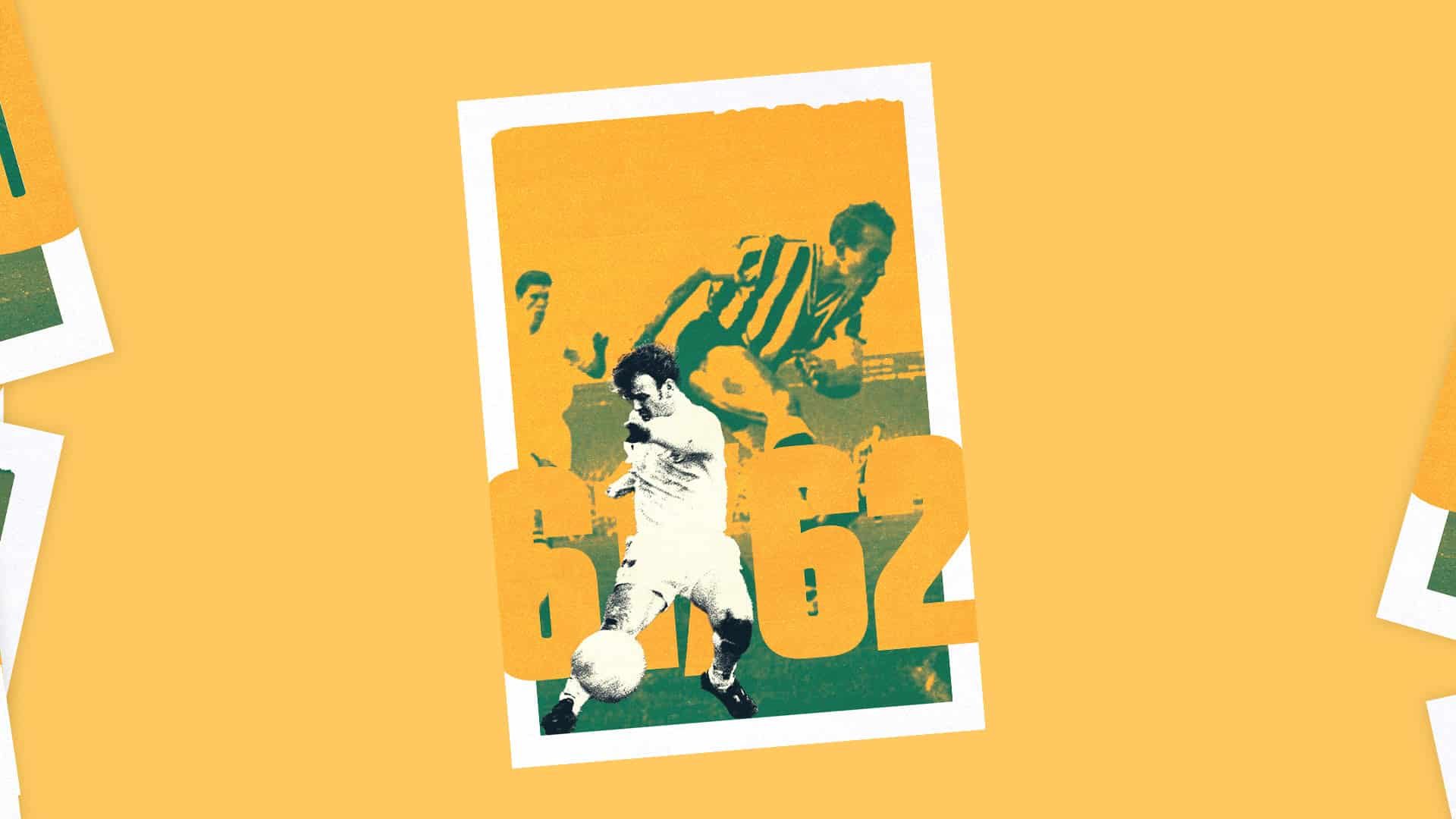 last-day-62 Billy Bremner kicking a ball, in front of the numbers 61/62, and another image of John Charles playing for Juventus