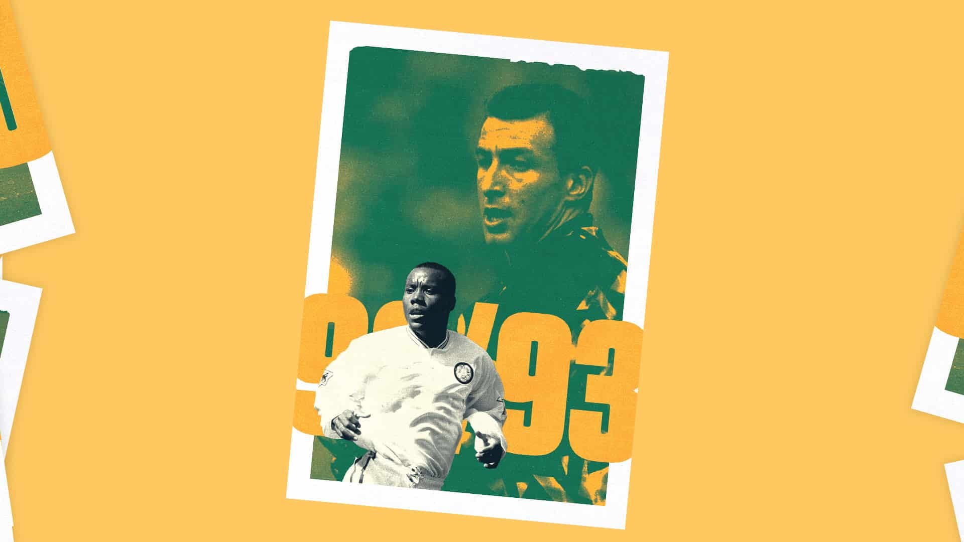 Rod Wallace playing for Leeds, in front of the numbers 92/93, and another image of Mark Beeney playing in goal